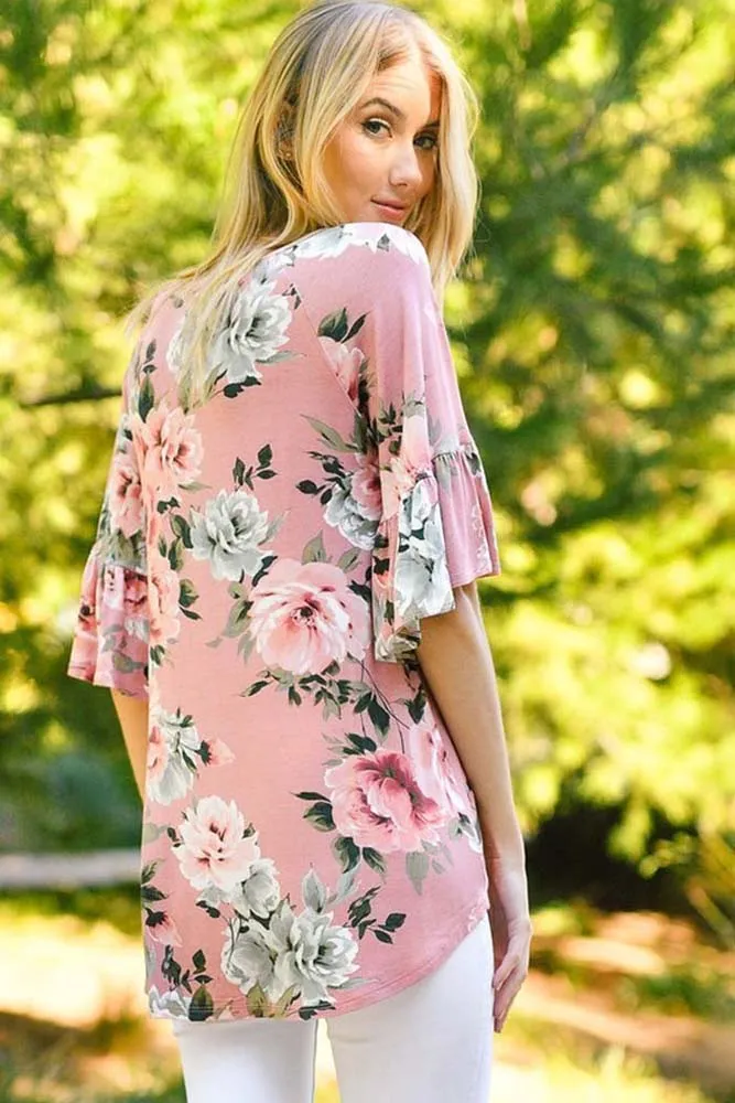 Pink Big Floral Print Ruffle Sleeve Top