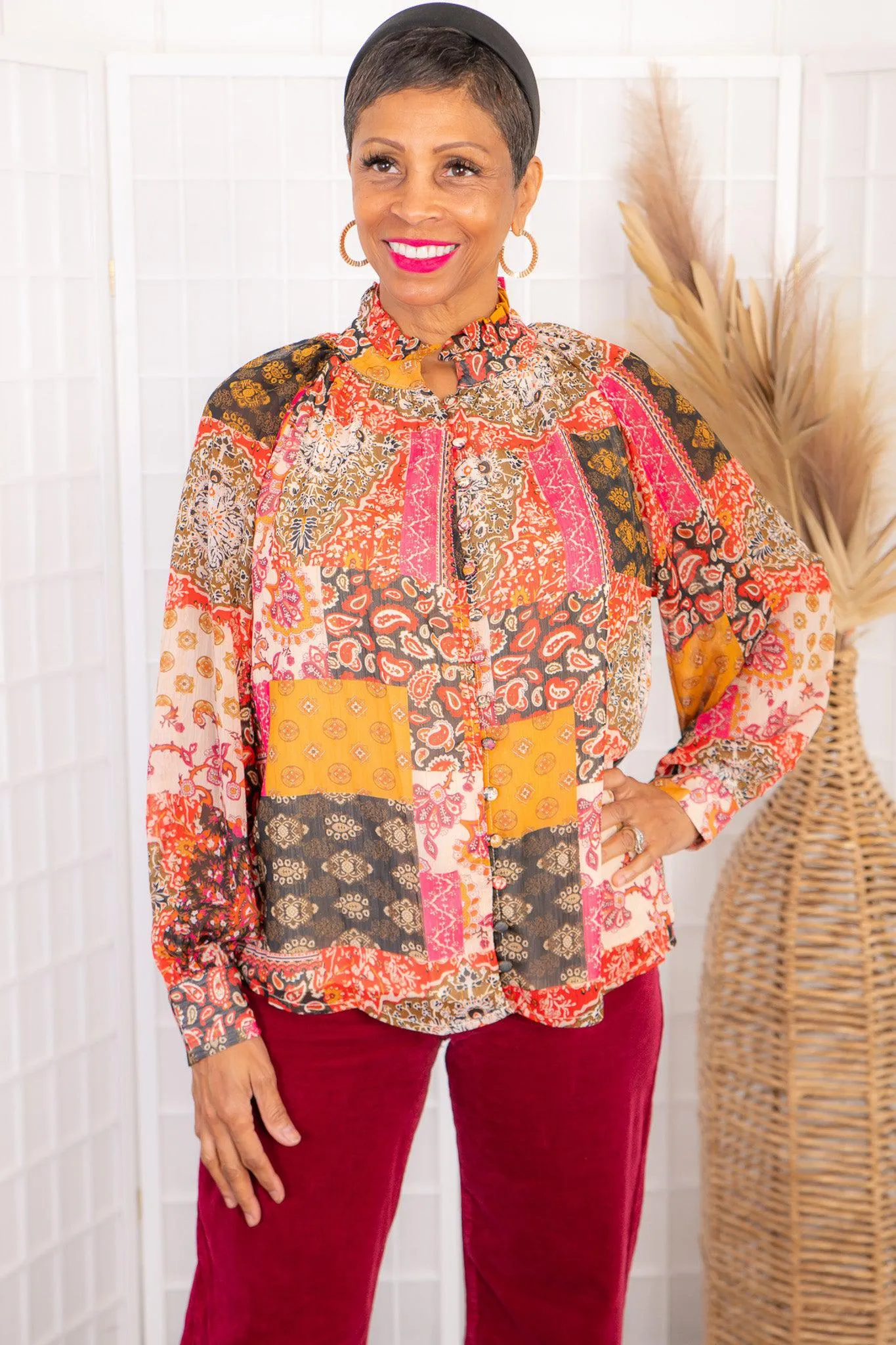 Places To Be Patchwork Button Down Blouse