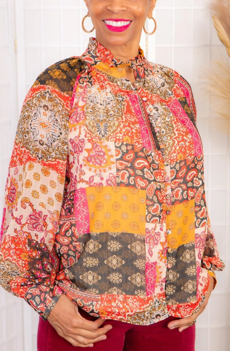 Places To Be Patchwork Button Down Blouse