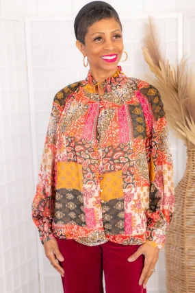 Places To Be Patchwork Button Down Blouse