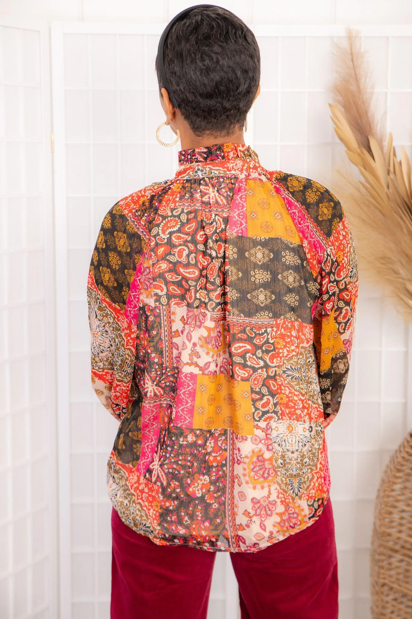 Places To Be Patchwork Button Down Blouse