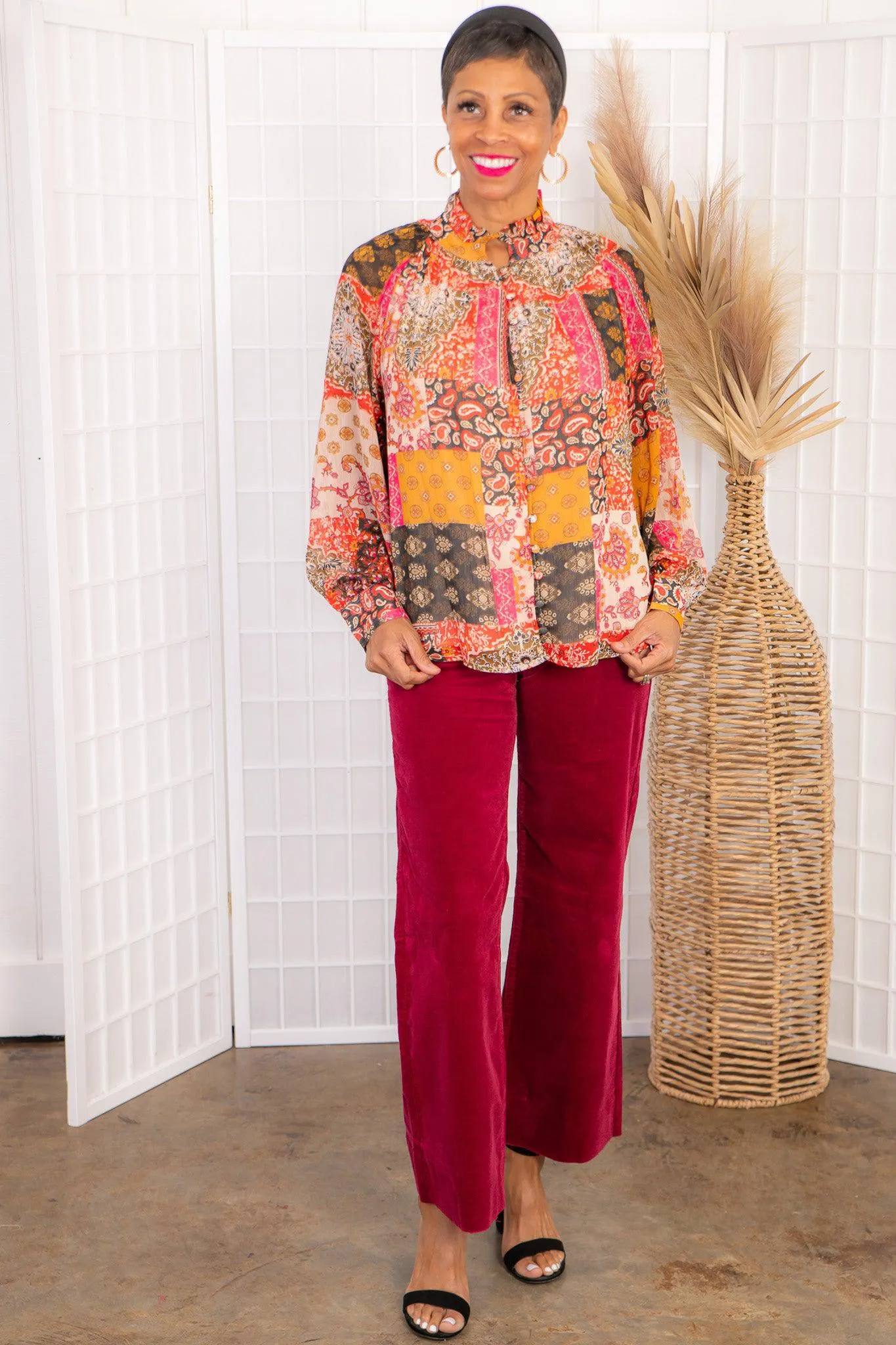 Places To Be Patchwork Button Down Blouse