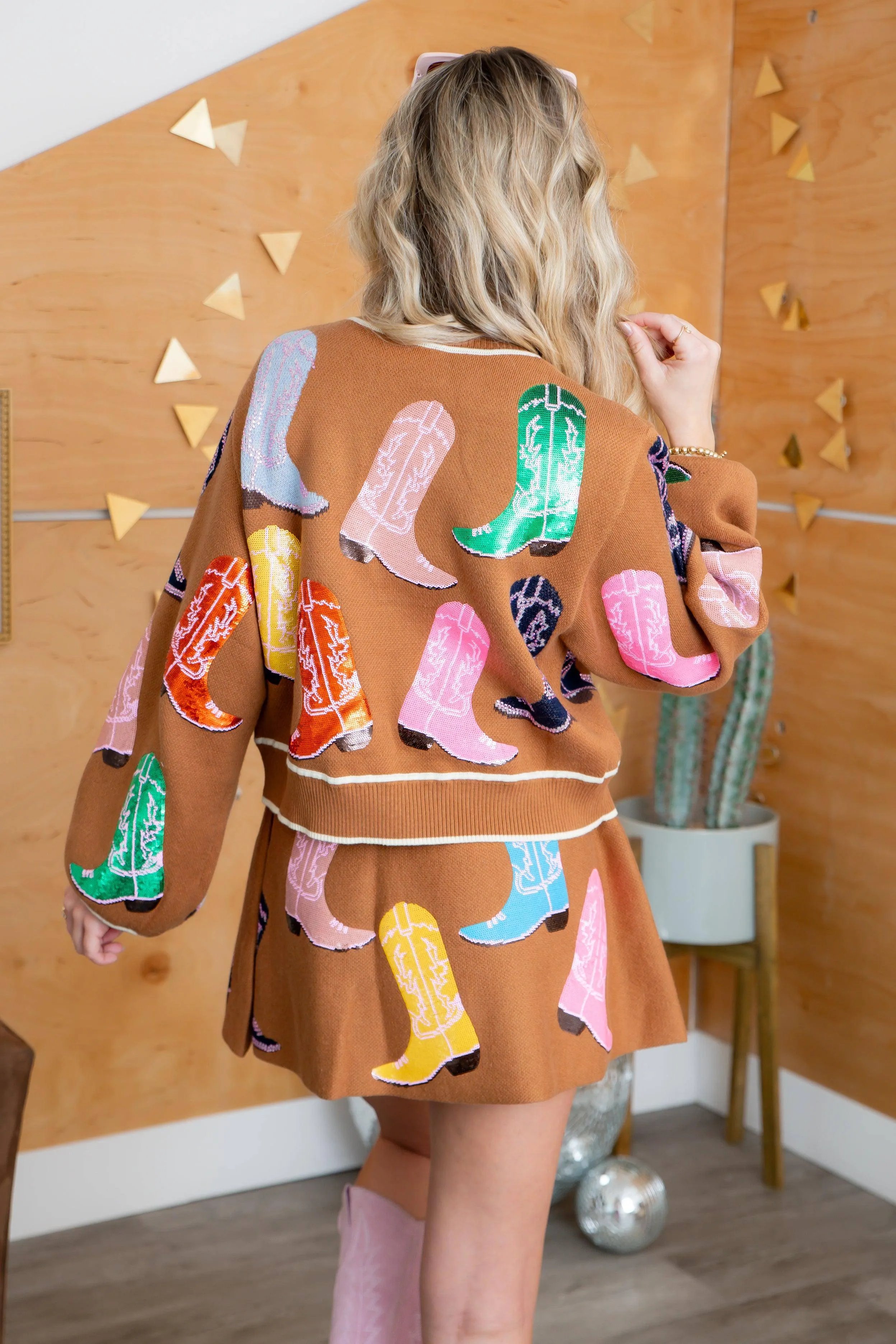 Queen of Sparkles Brown Multi Cowboy Boot Cardigan