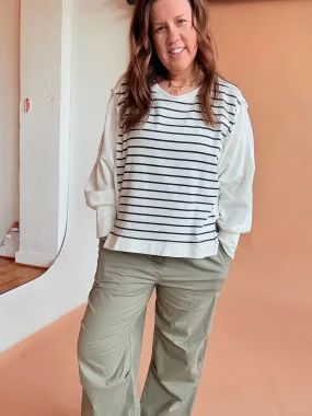 Raw Edge Detail Hi-Low Hem Stripe Terry Top
