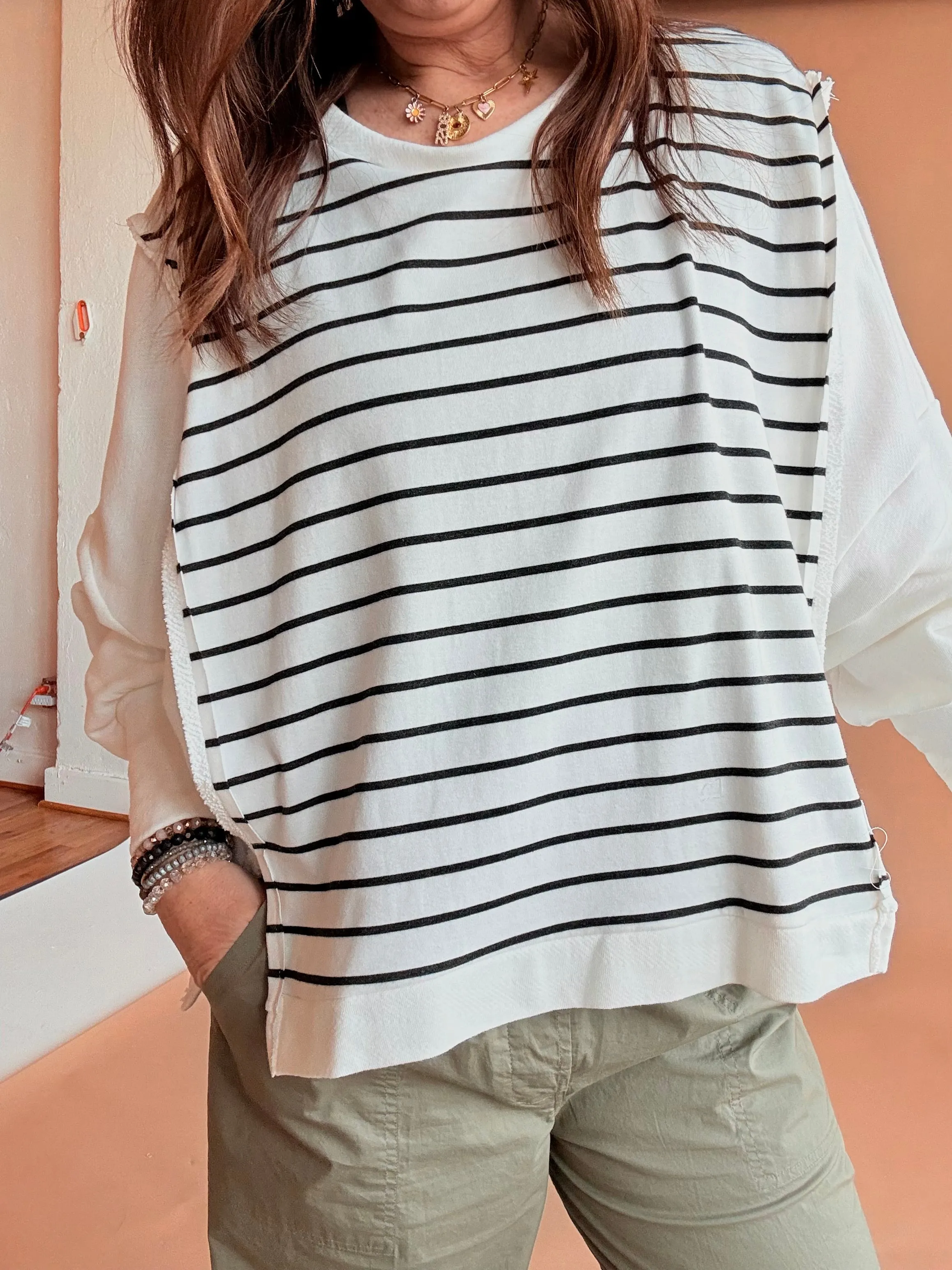 Raw Edge Detail Hi-Low Hem Stripe Terry Top