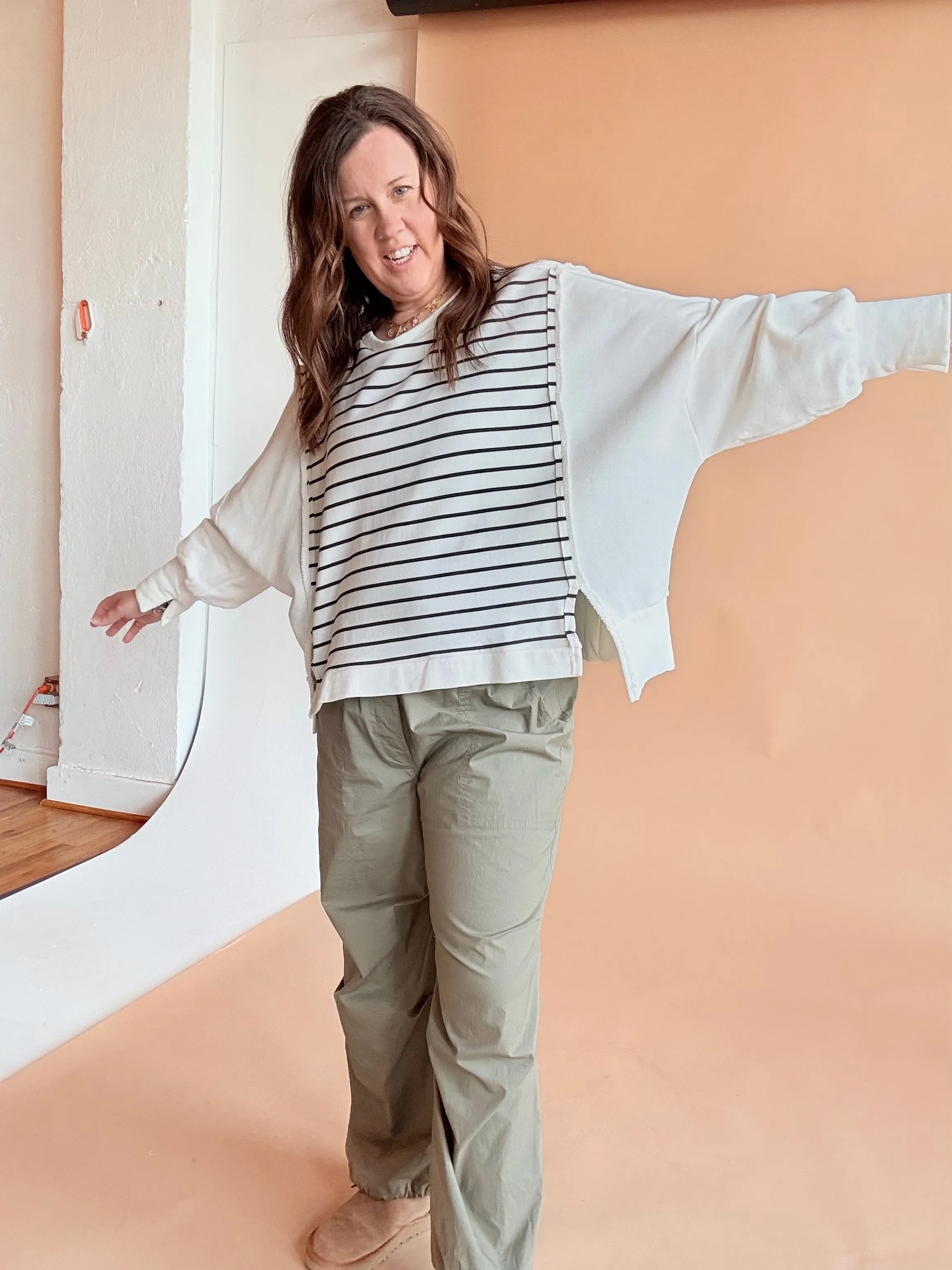 Raw Edge Detail Hi-Low Hem Stripe Terry Top