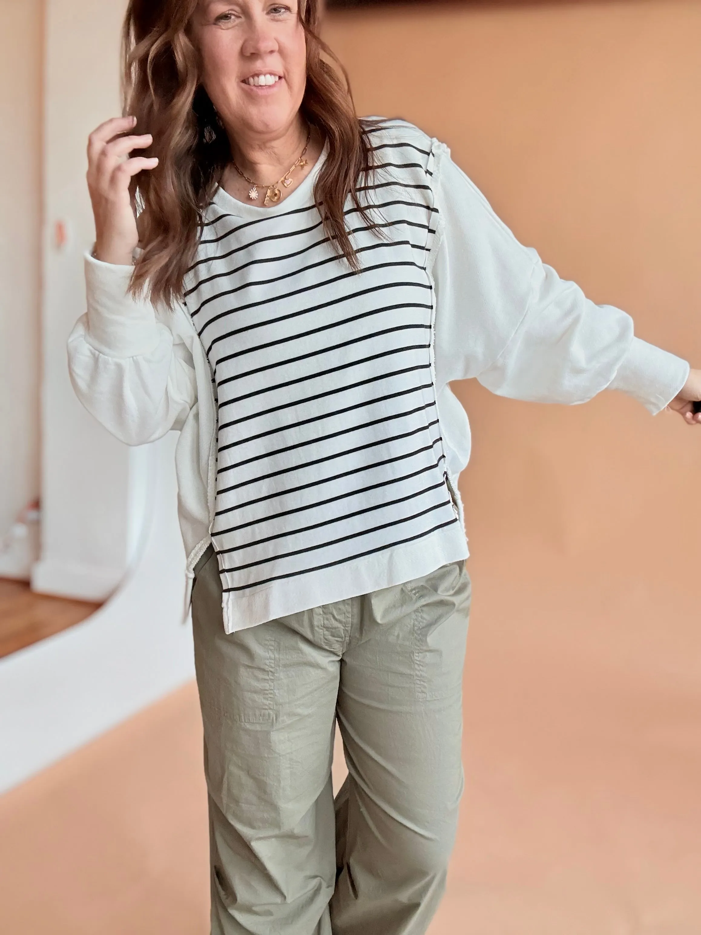 Raw Edge Detail Hi-Low Hem Stripe Terry Top