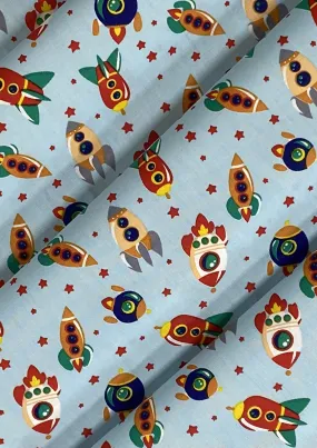 Rockets Spaceships Cotton Print Fabric Space Theme 45" Wide 100% Craft Poplin Dress Material D#141 - Sky