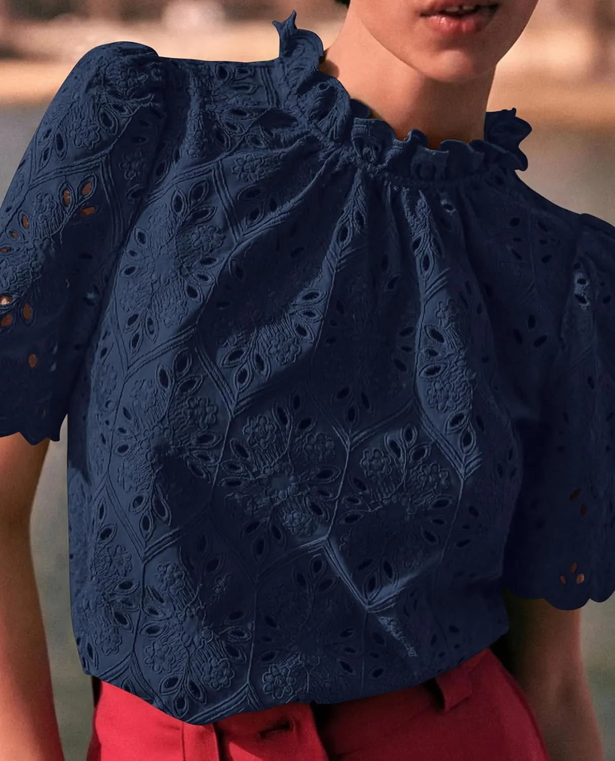 Short Sleeve Eyelet Embroidered Dressy Casual Blouse