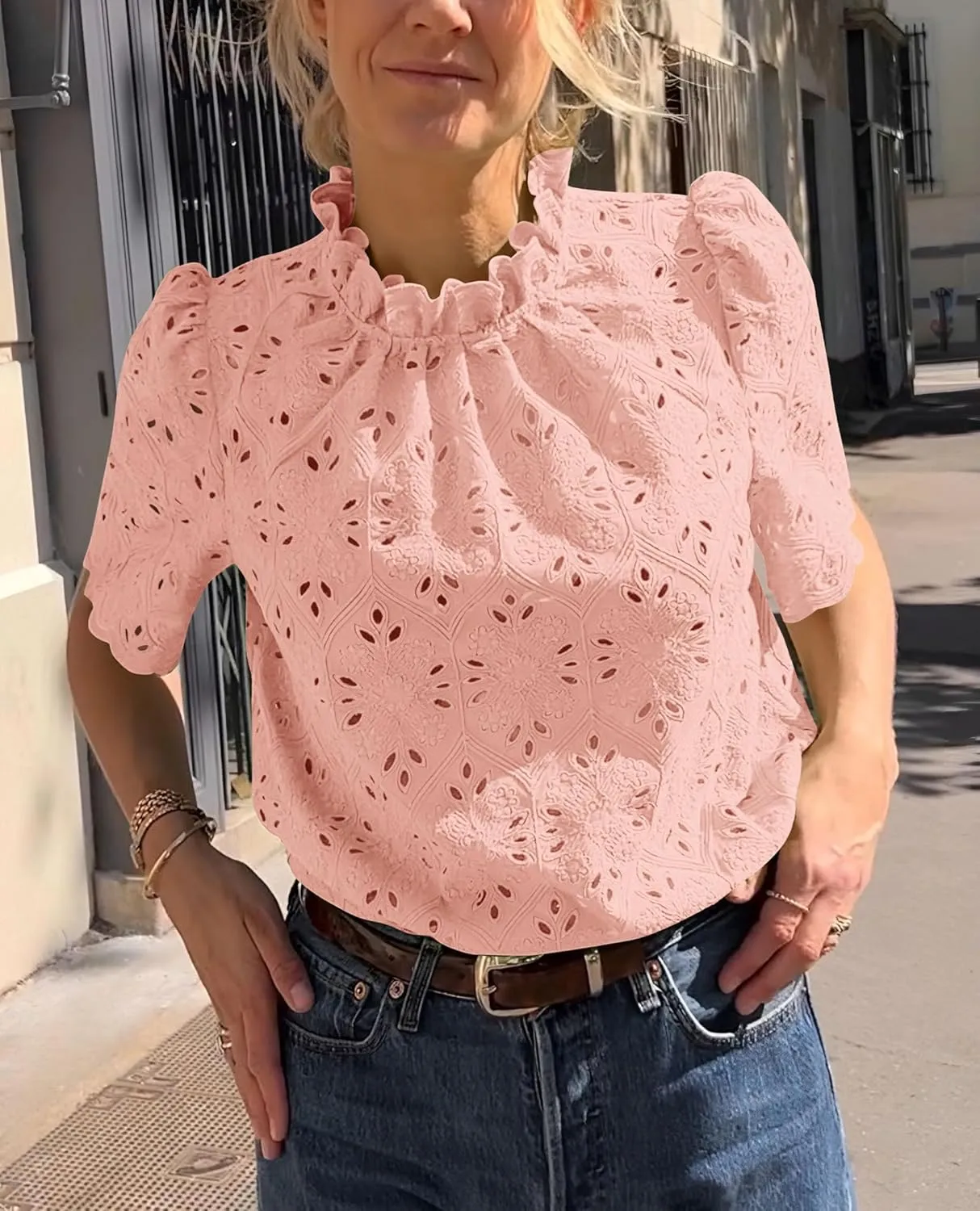 Short Sleeve Eyelet Embroidered Dressy Casual Blouse