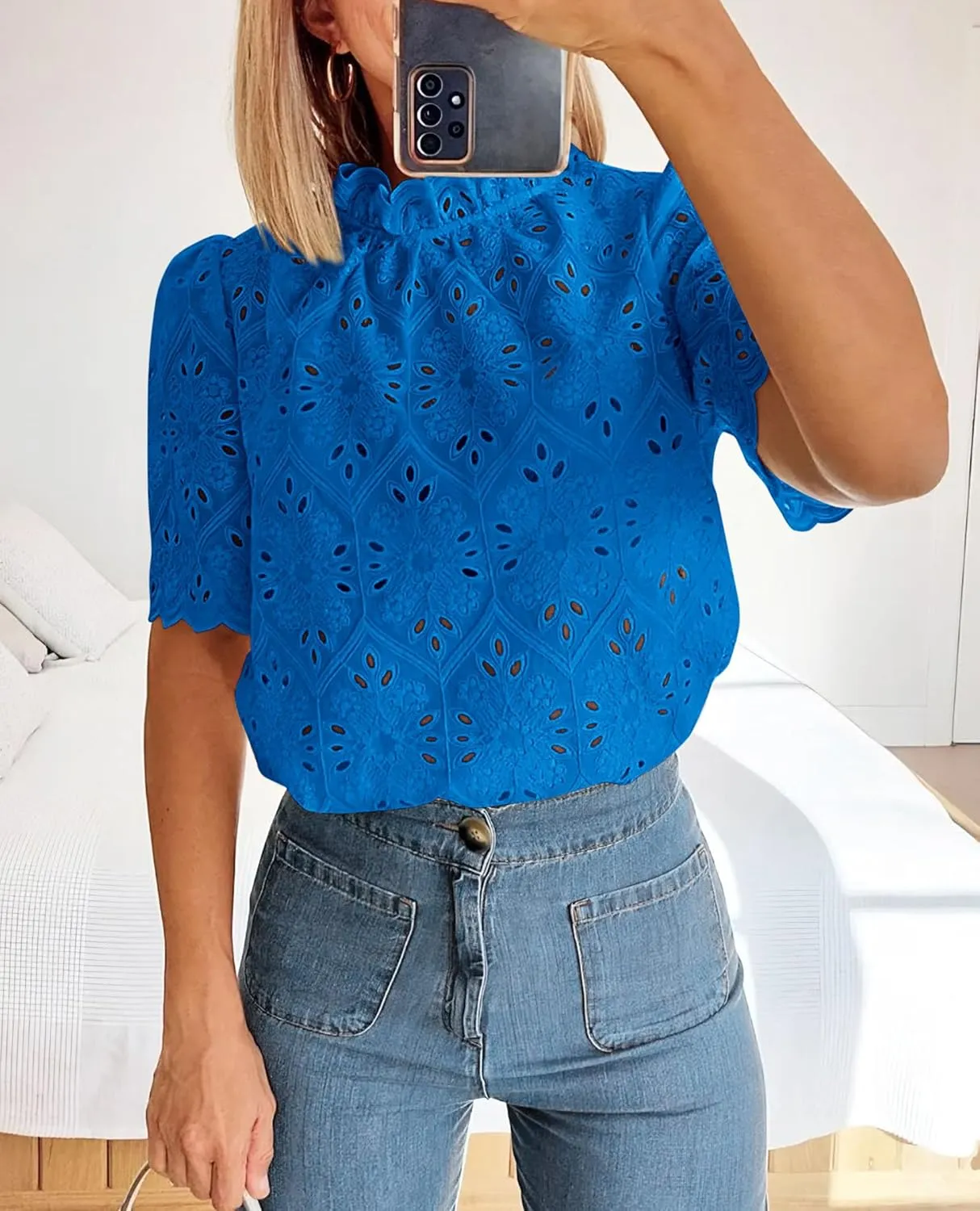 Short Sleeve Eyelet Embroidered Dressy Casual Blouse