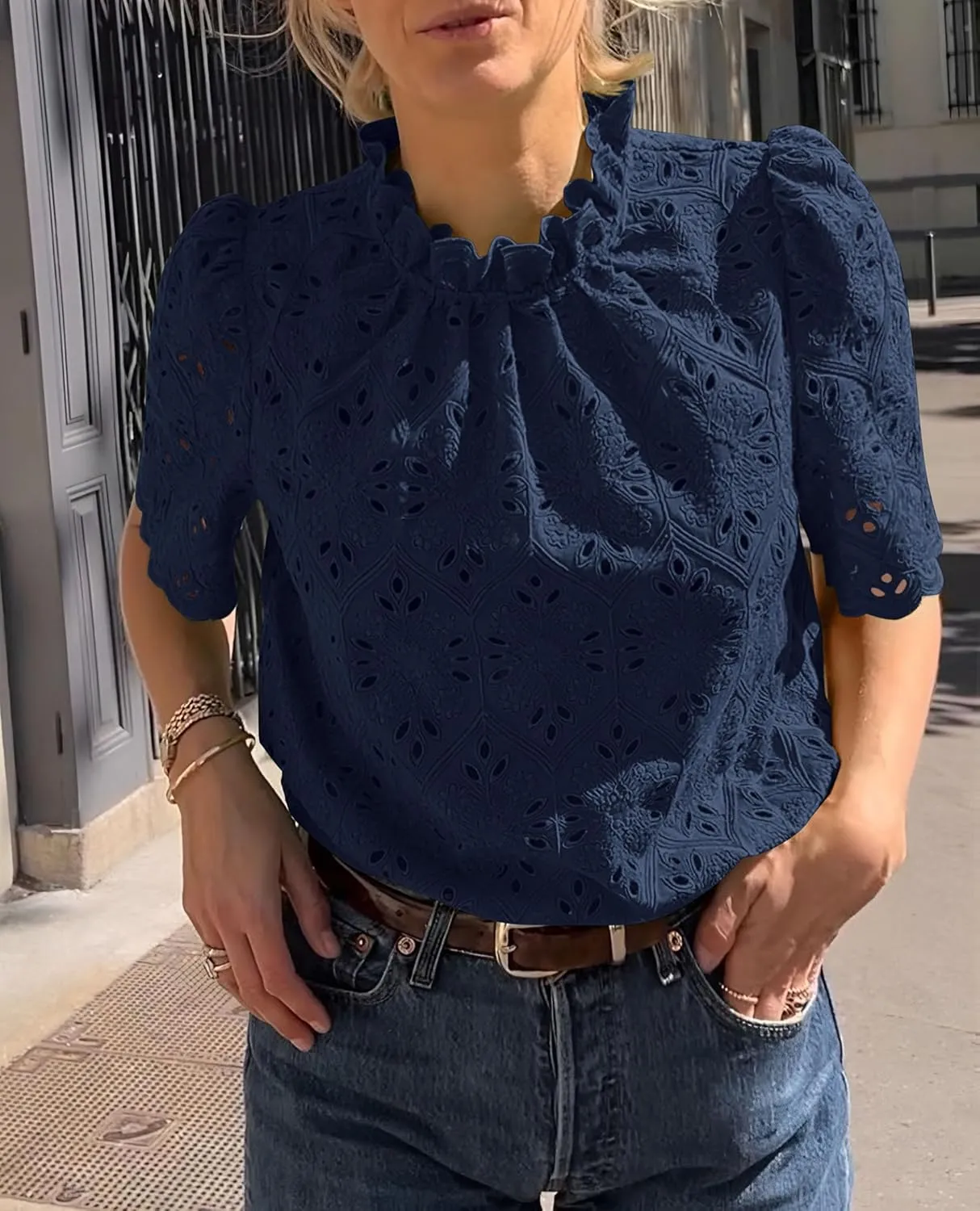 Short Sleeve Eyelet Embroidered Dressy Casual Blouse