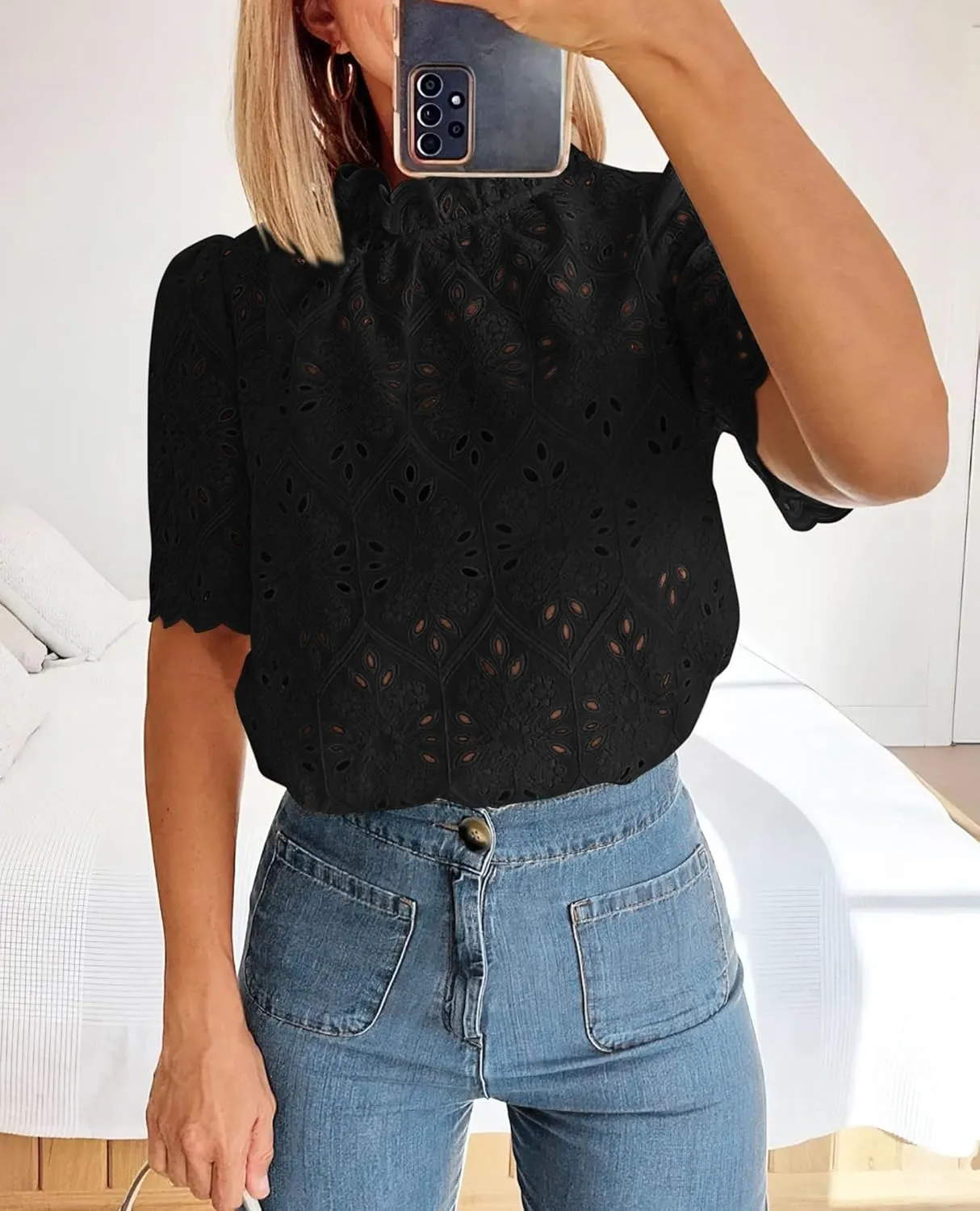Short Sleeve Eyelet Embroidered Dressy Casual Blouse