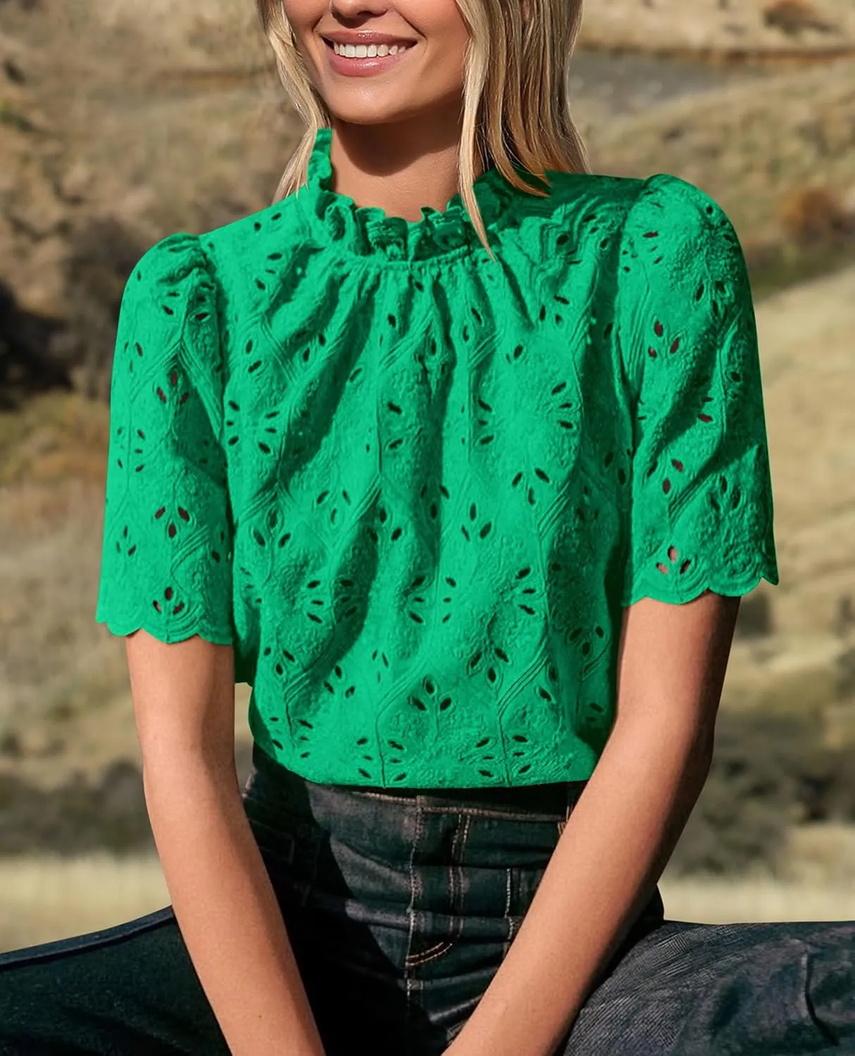 Short Sleeve Eyelet Embroidered Dressy Casual Blouse