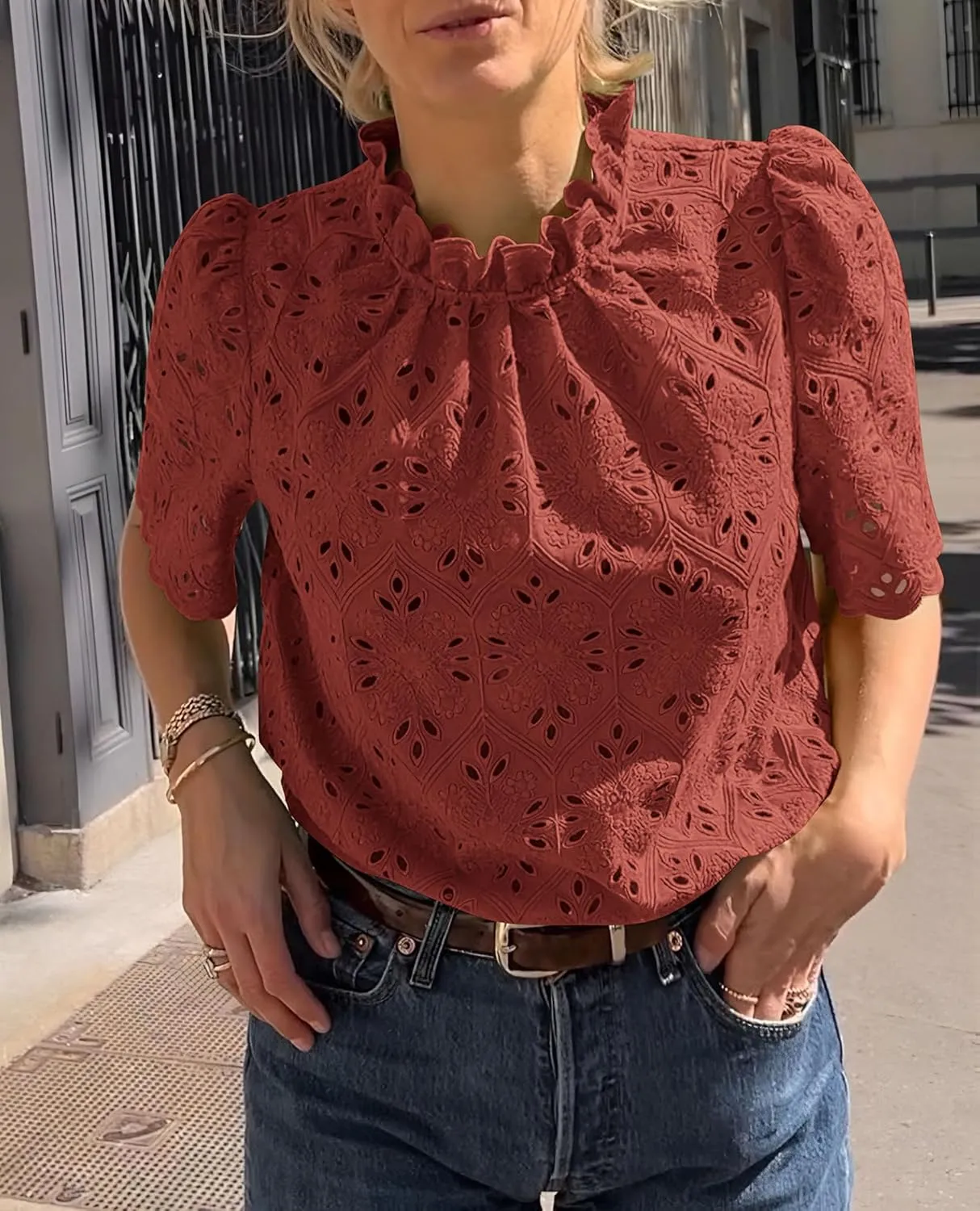 Short Sleeve Eyelet Embroidered Dressy Casual Blouse