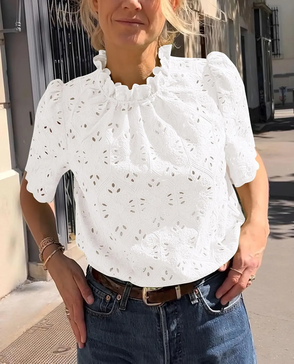 Short Sleeve Eyelet Embroidered Dressy Casual Blouse