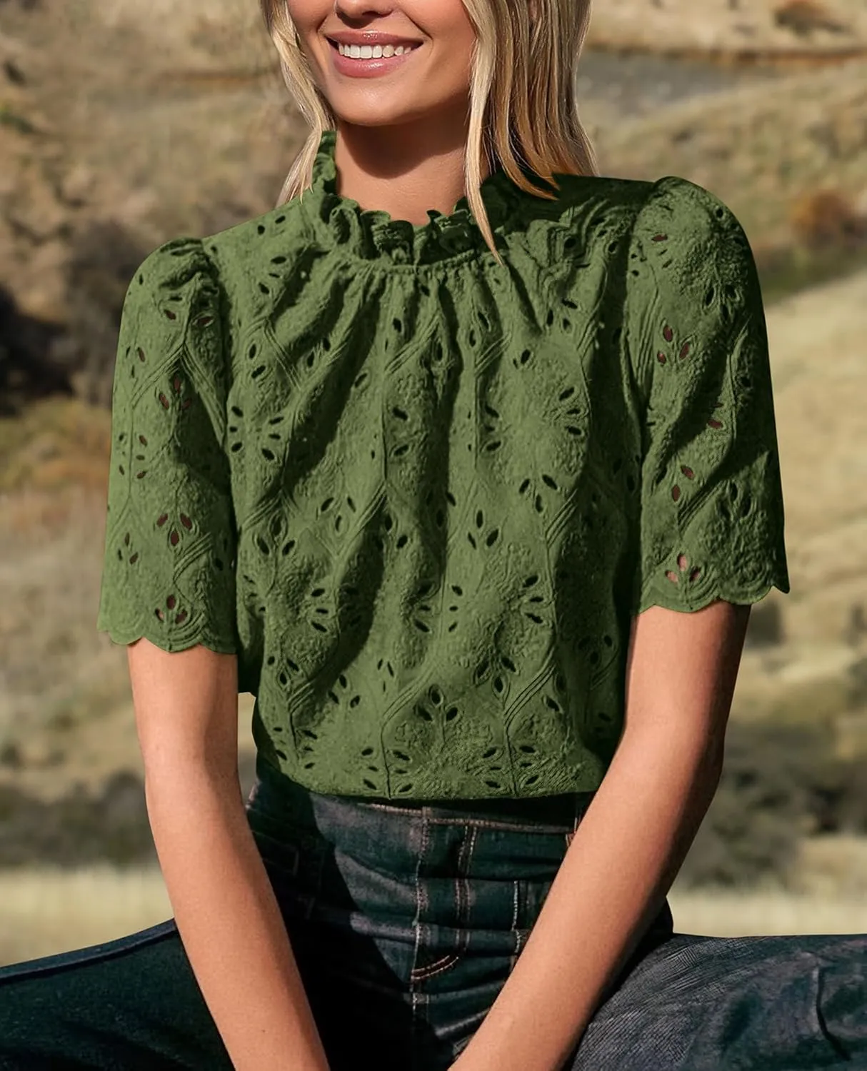 Short Sleeve Eyelet Embroidered Dressy Casual Blouse