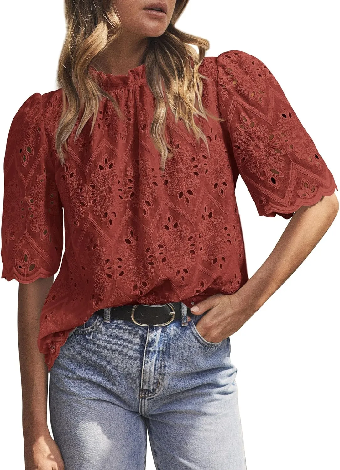 Short Sleeve Eyelet Embroidered Dressy Casual Blouse