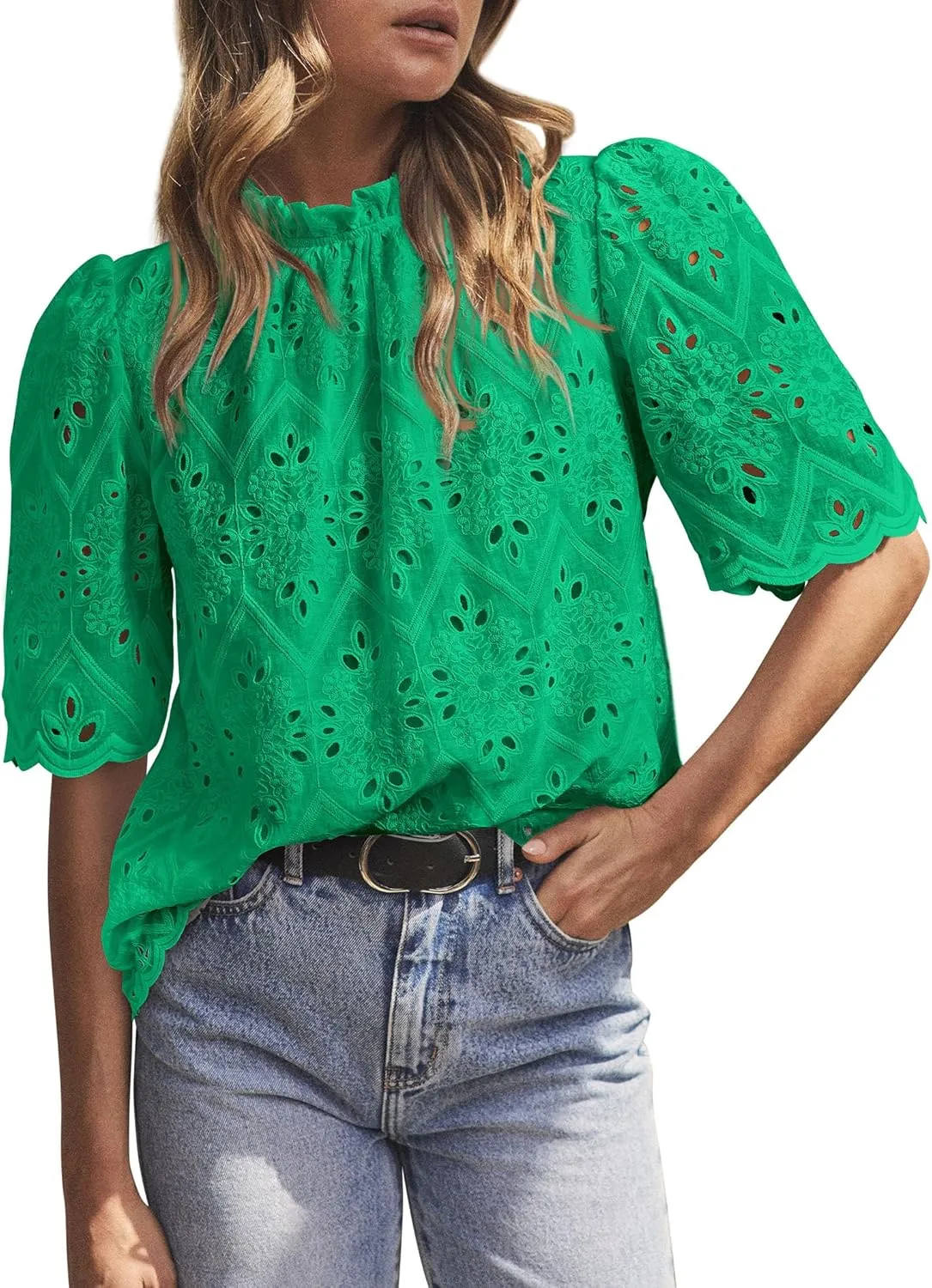 Short Sleeve Eyelet Embroidered Dressy Casual Blouse