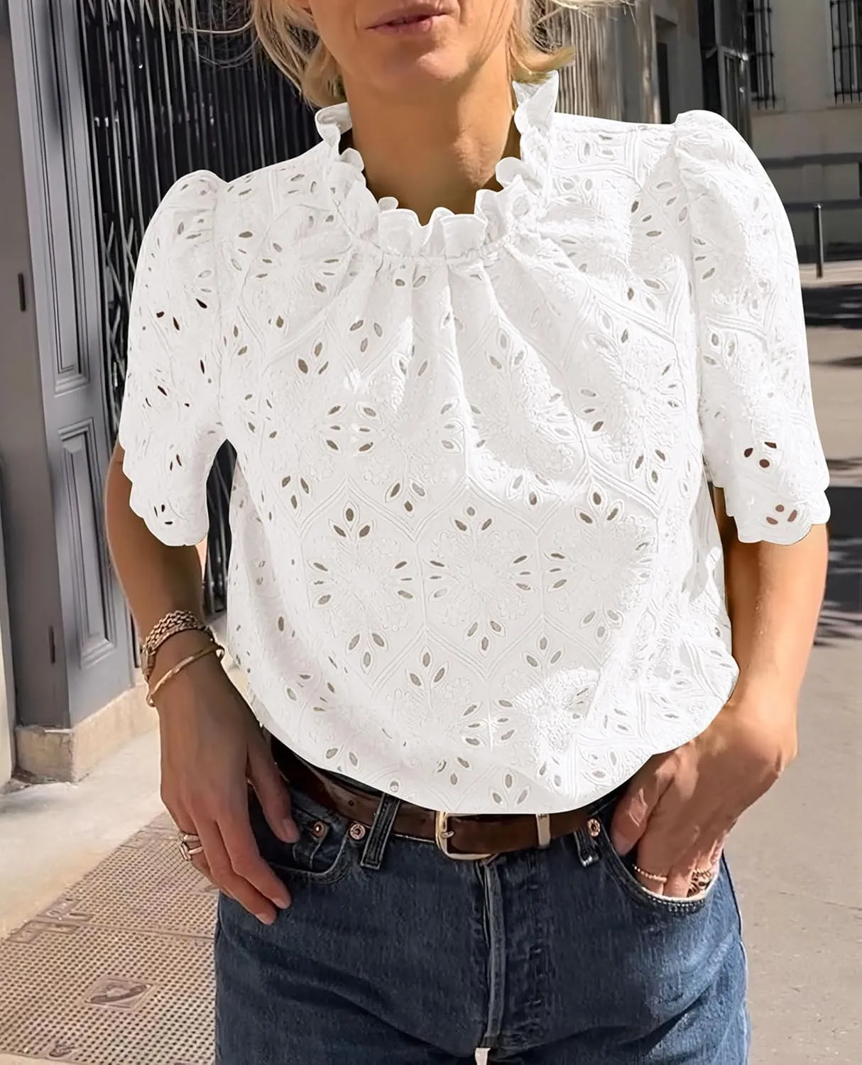 Short Sleeve Eyelet Embroidered Dressy Casual Blouse
