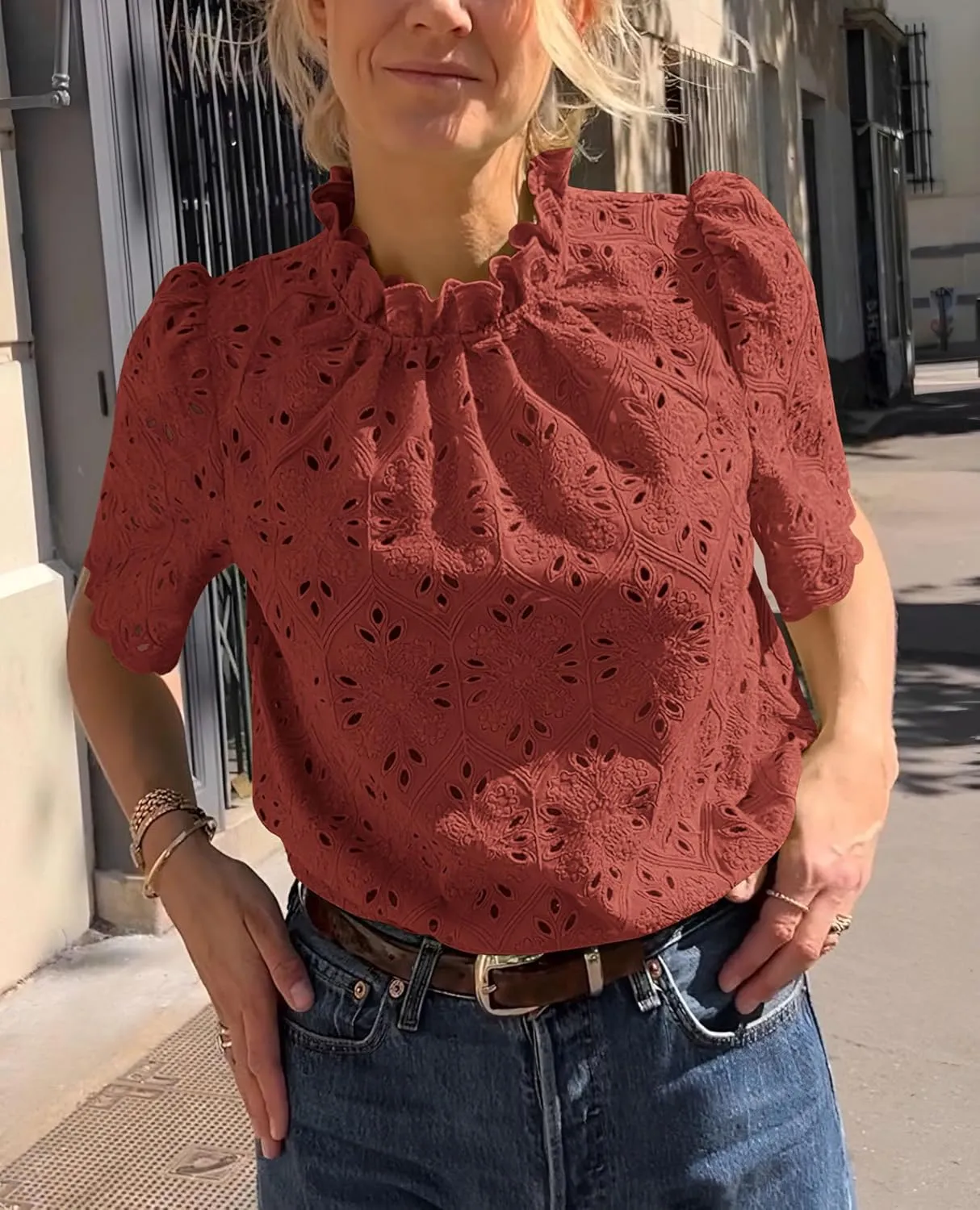 Short Sleeve Eyelet Embroidered Dressy Casual Blouse