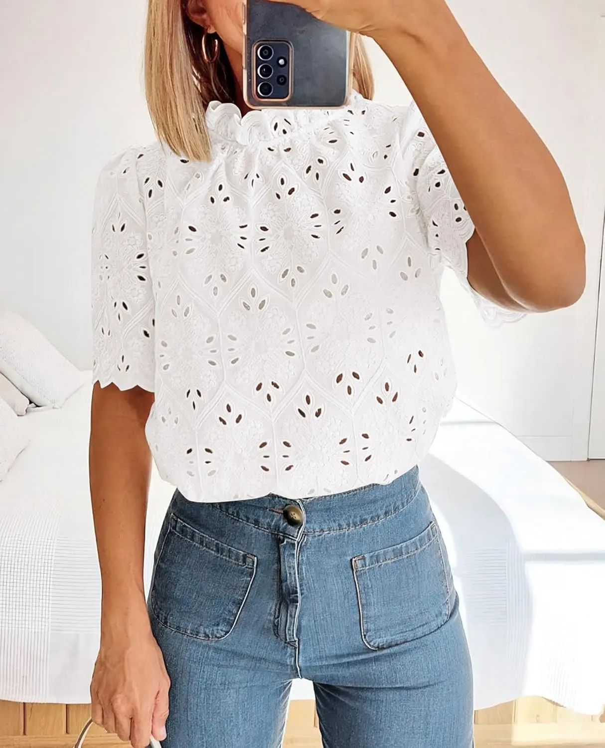 Short Sleeve Eyelet Embroidered Dressy Casual Blouse
