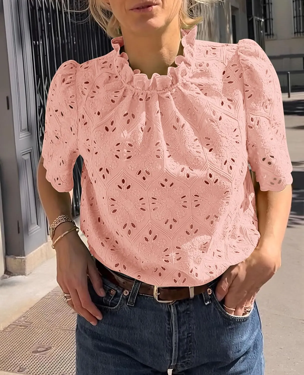 Short Sleeve Eyelet Embroidered Dressy Casual Blouse