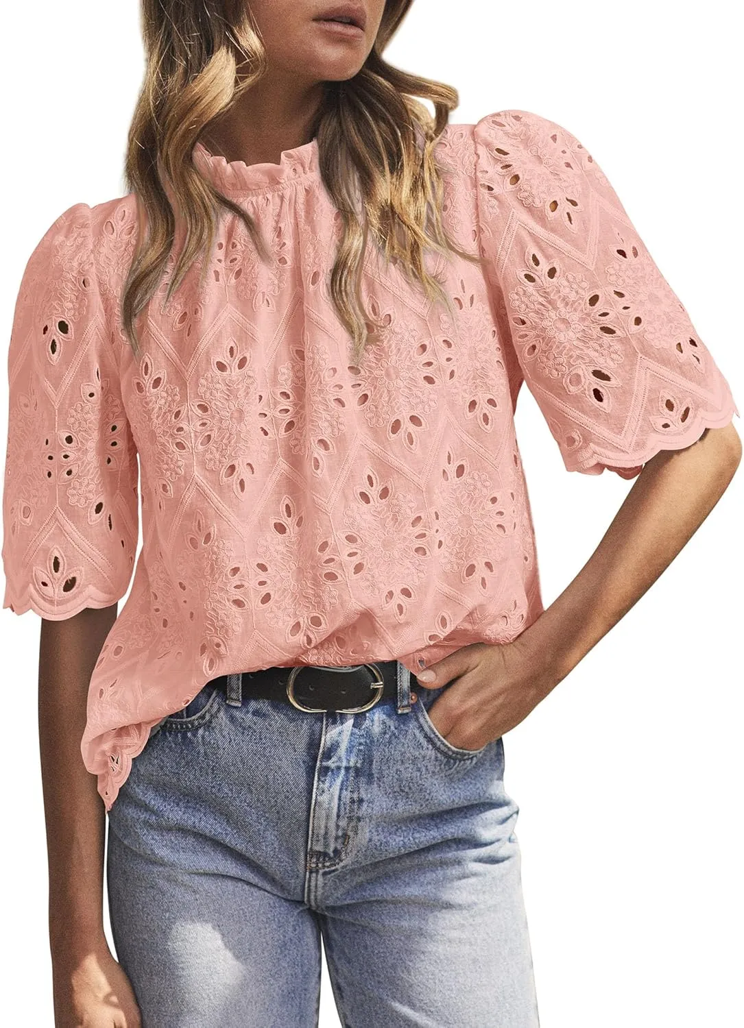 Short Sleeve Eyelet Embroidered Dressy Casual Blouse