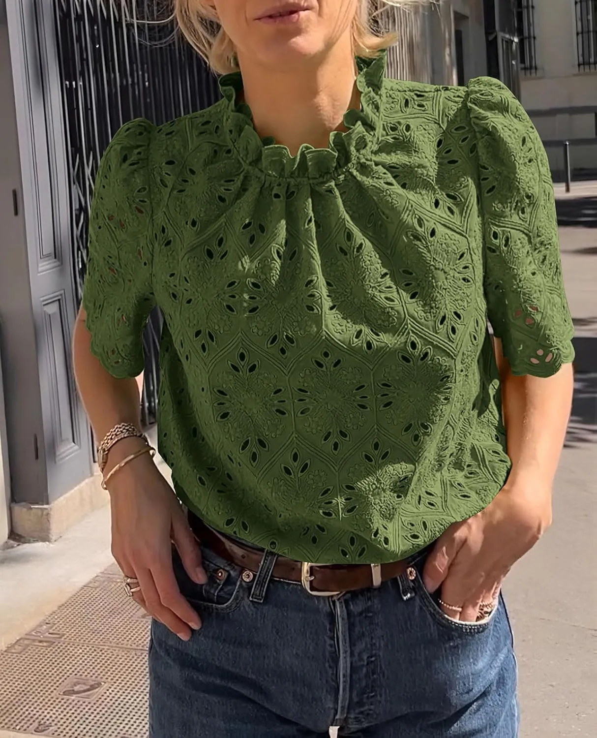 Short Sleeve Eyelet Embroidered Dressy Casual Blouse