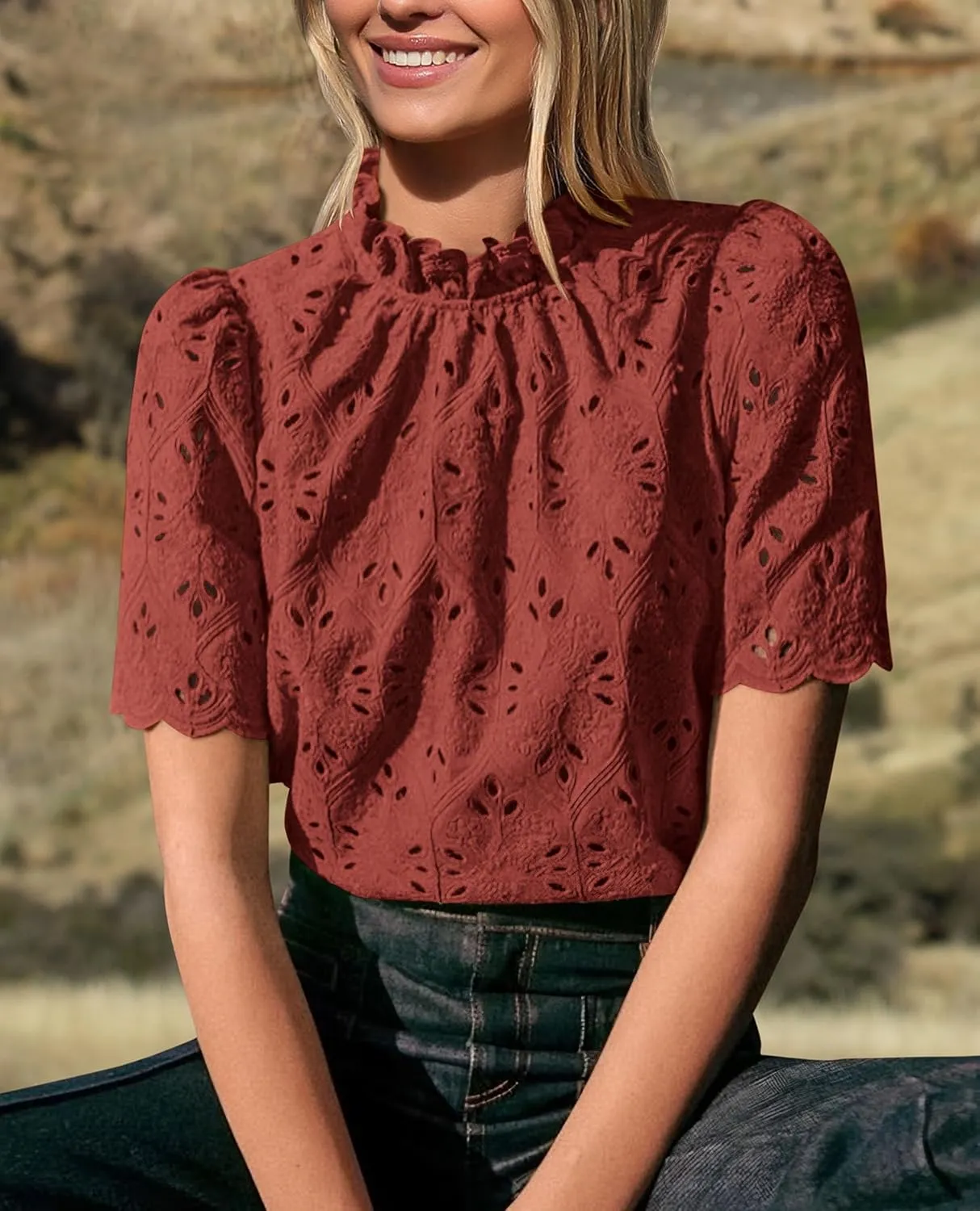 Short Sleeve Eyelet Embroidered Dressy Casual Blouse