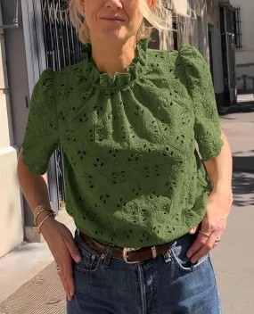 Short Sleeve Eyelet Embroidered Dressy Casual Blouse