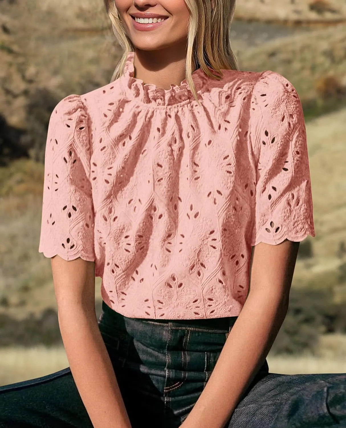 Short Sleeve Eyelet Embroidered Dressy Casual Blouse