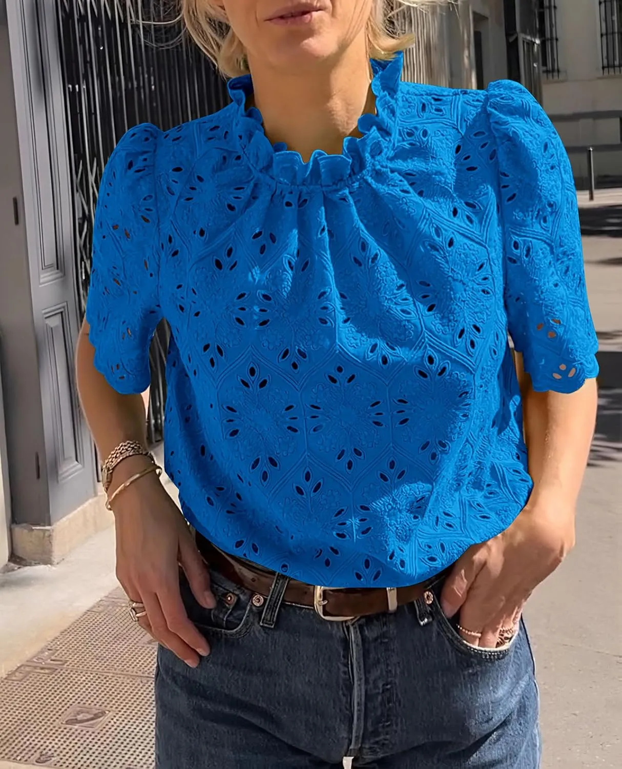 Short Sleeve Eyelet Embroidered Dressy Casual Blouse