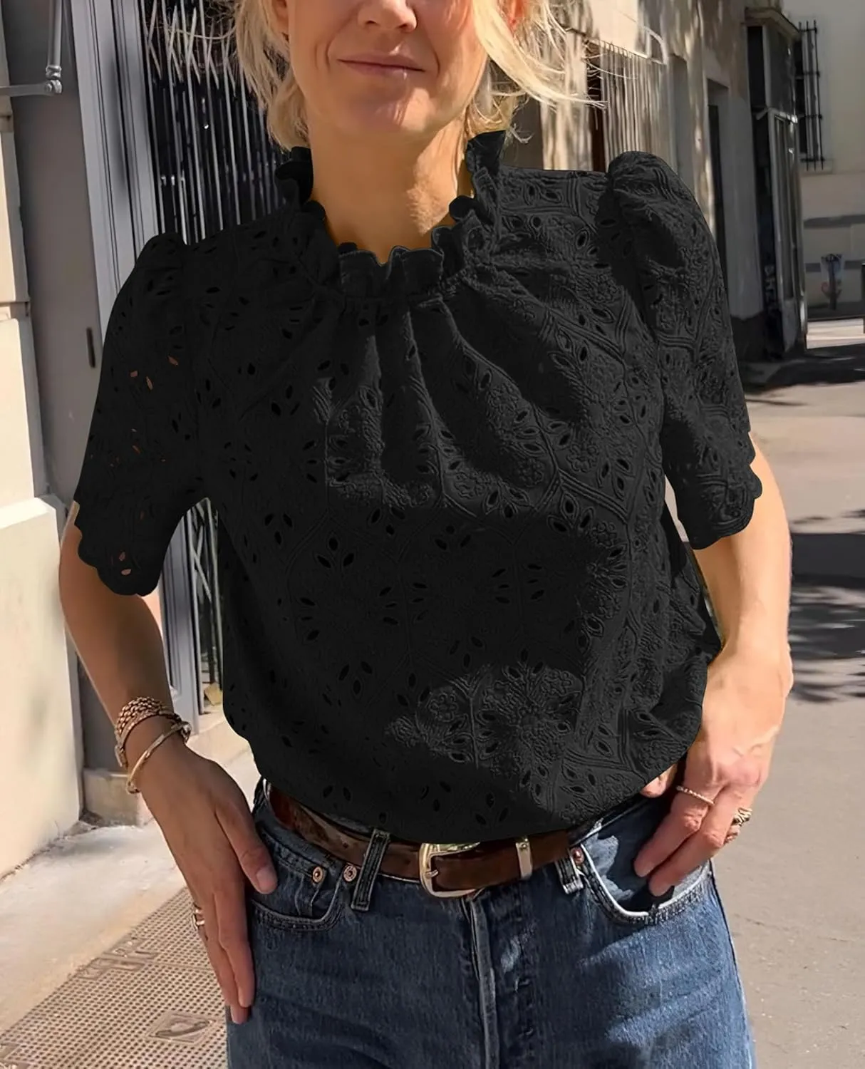 Short Sleeve Eyelet Embroidered Dressy Casual Blouse