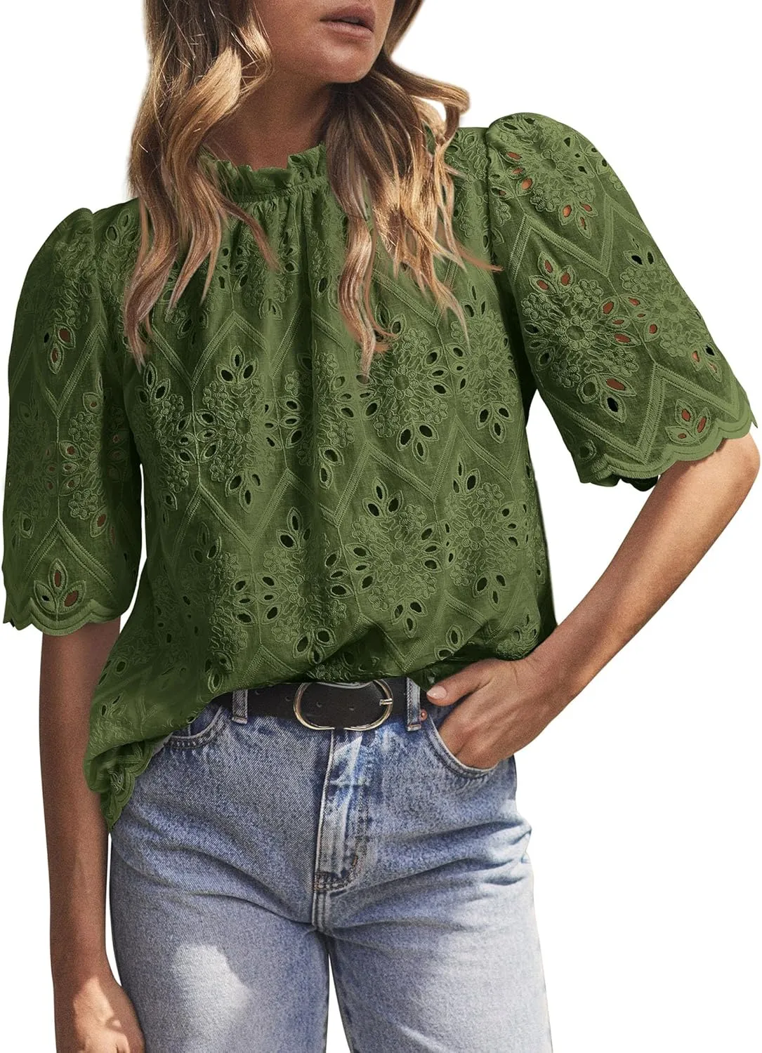 Short Sleeve Eyelet Embroidered Dressy Casual Blouse
