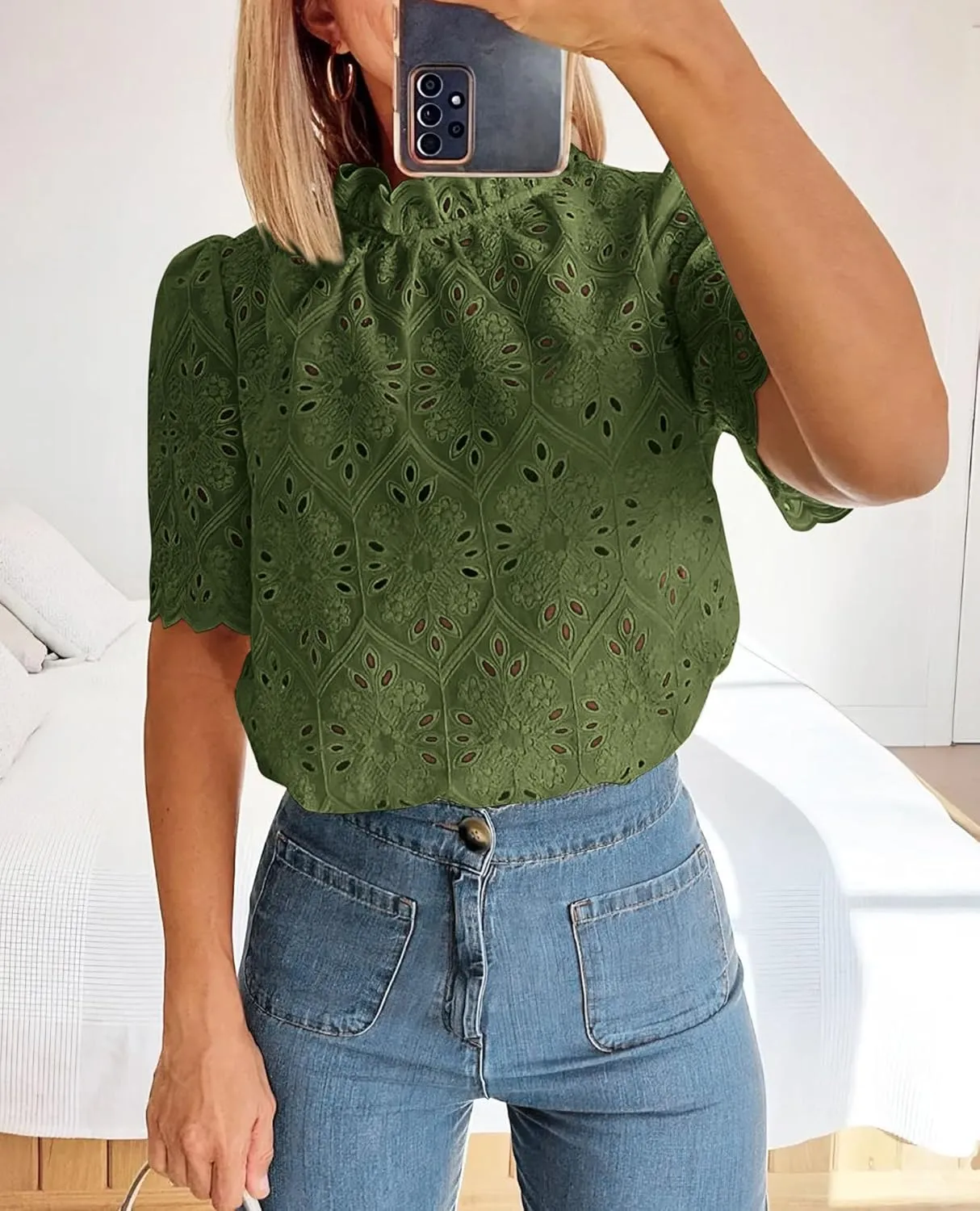 Short Sleeve Eyelet Embroidered Dressy Casual Blouse