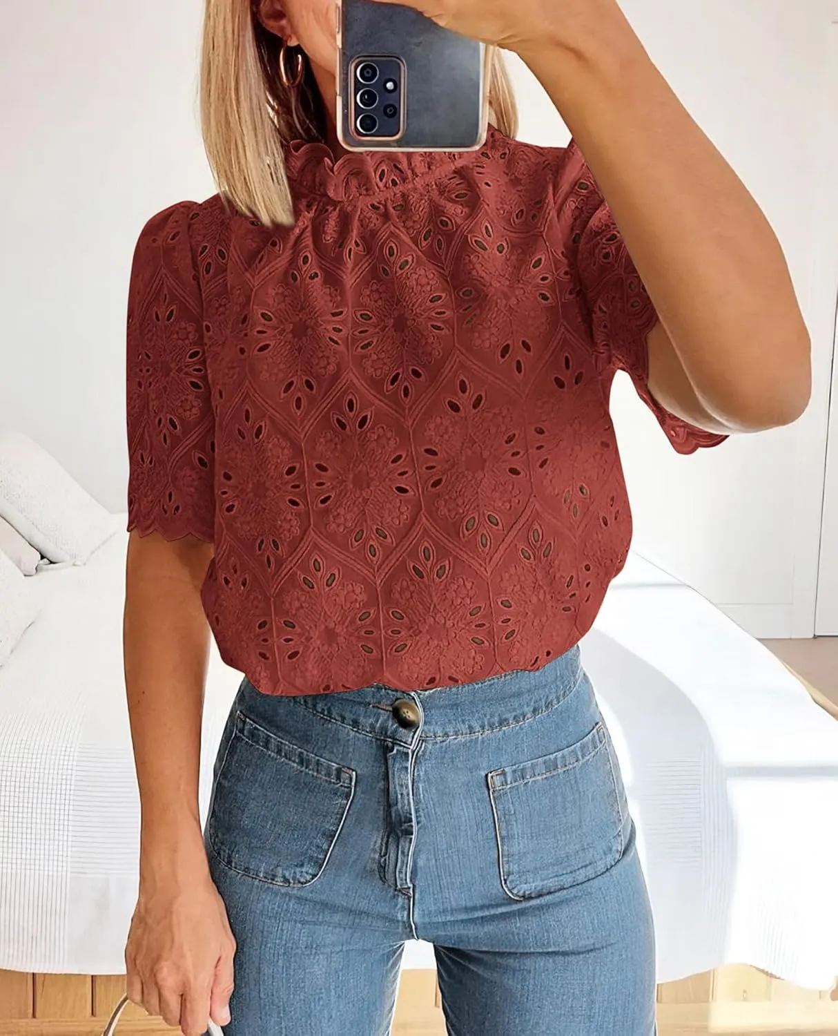 Short Sleeve Eyelet Embroidered Dressy Casual Blouse