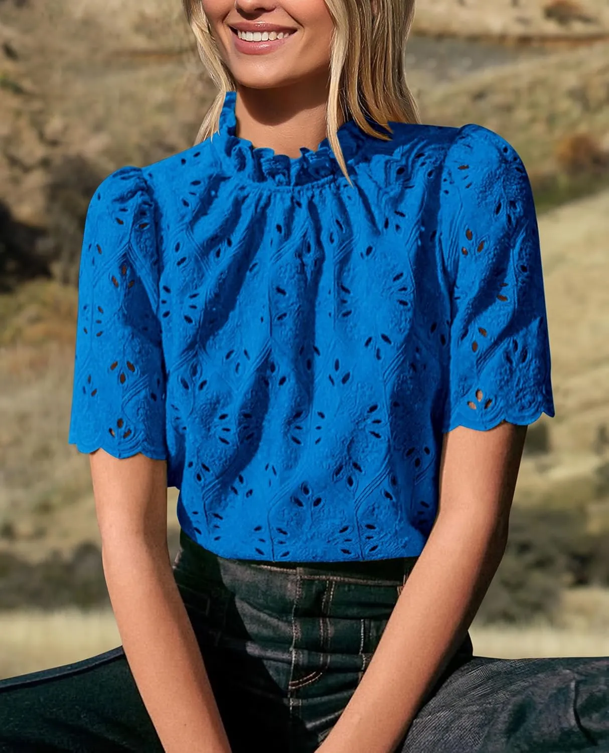 Short Sleeve Eyelet Embroidered Dressy Casual Blouse