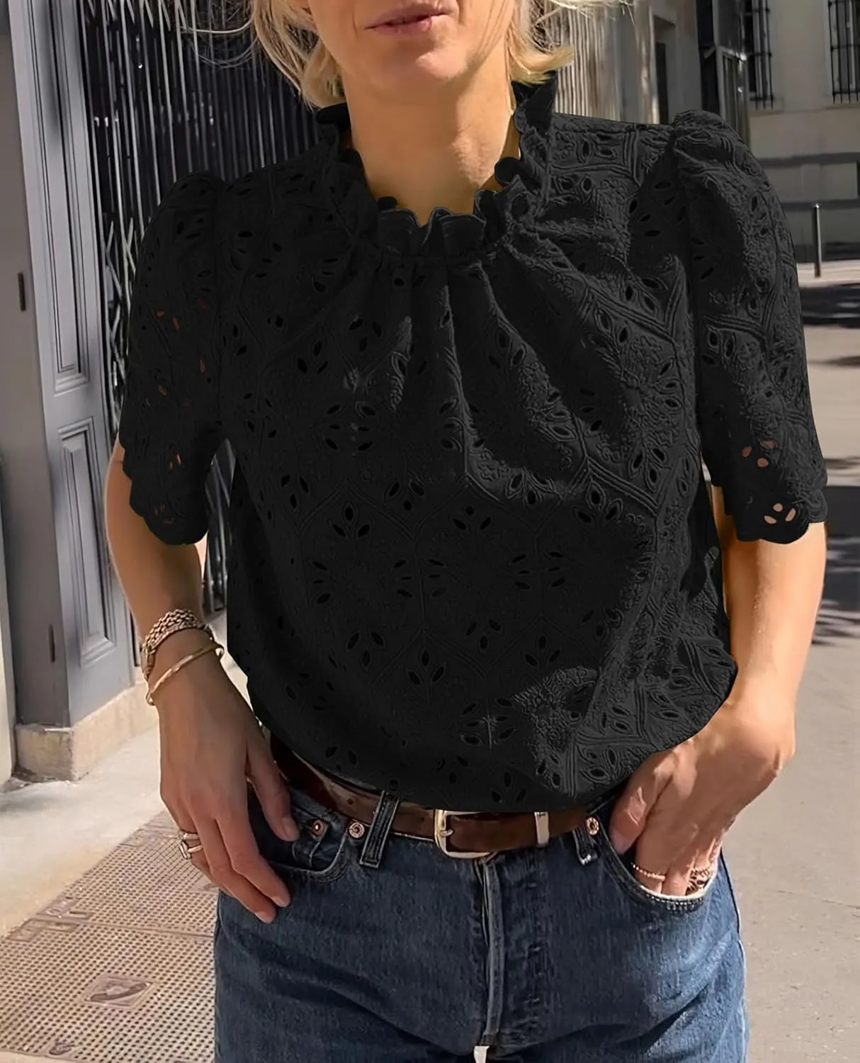 Short Sleeve Eyelet Embroidered Dressy Casual Blouse