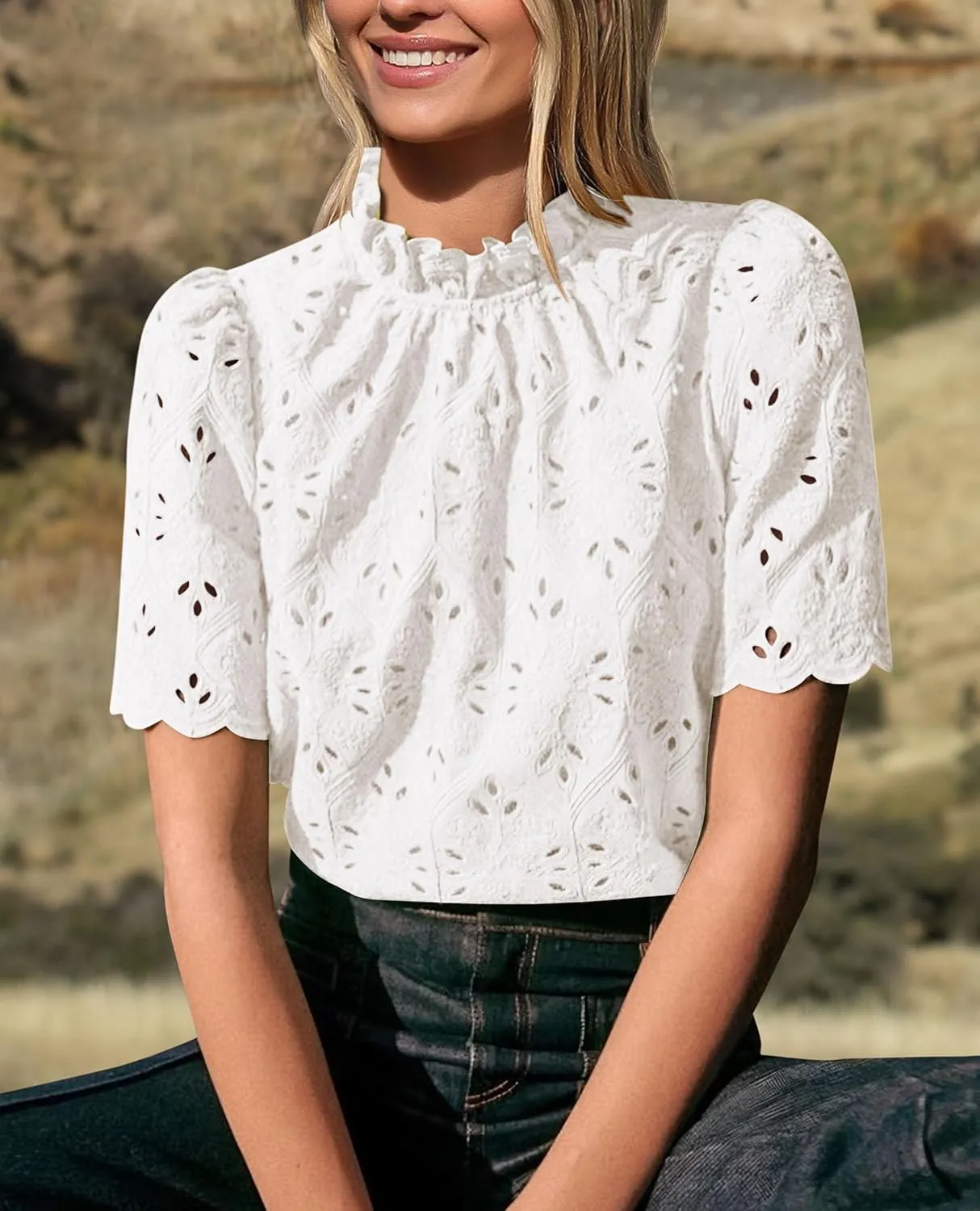 Short Sleeve Eyelet Embroidered Dressy Casual Blouse