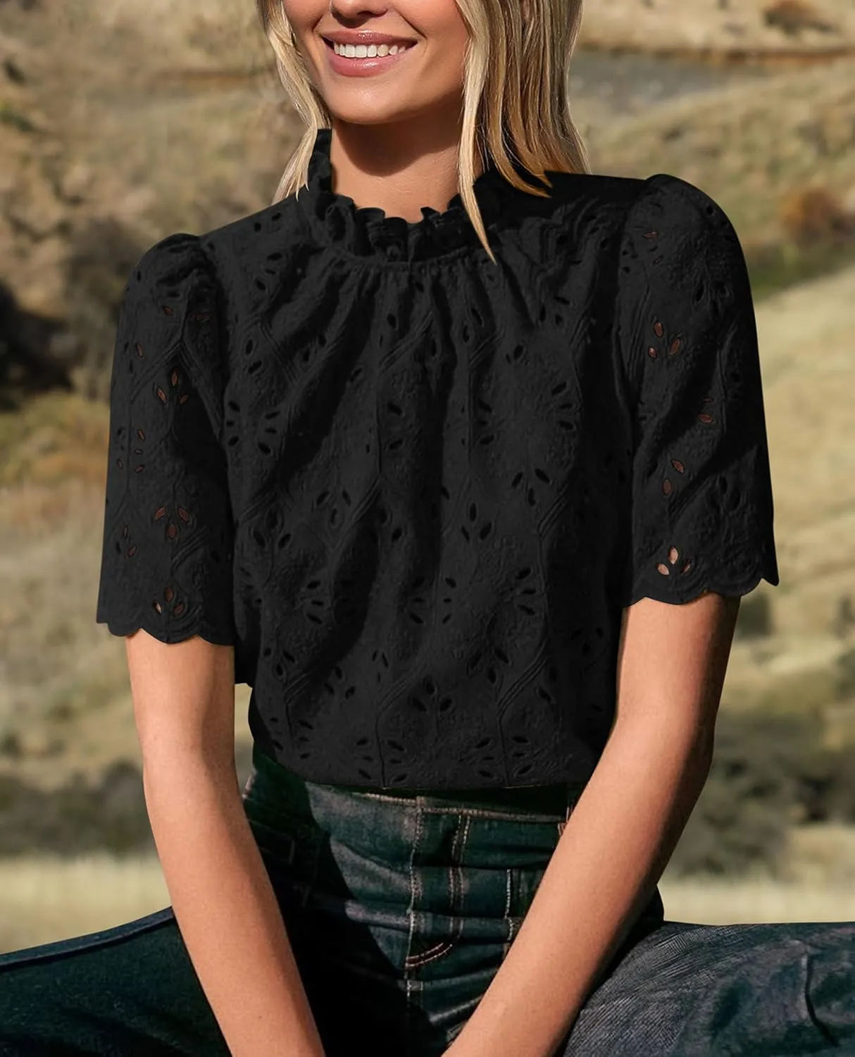 Short Sleeve Eyelet Embroidered Dressy Casual Blouse