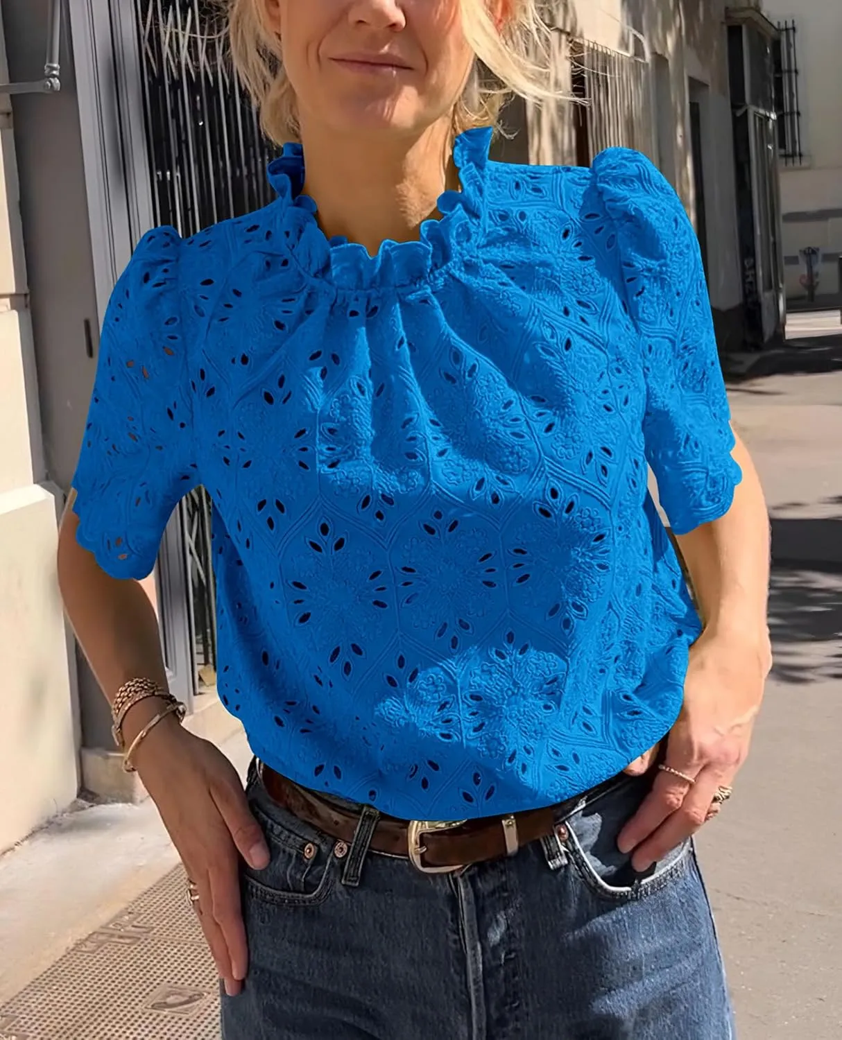 Short Sleeve Eyelet Embroidered Dressy Casual Blouse