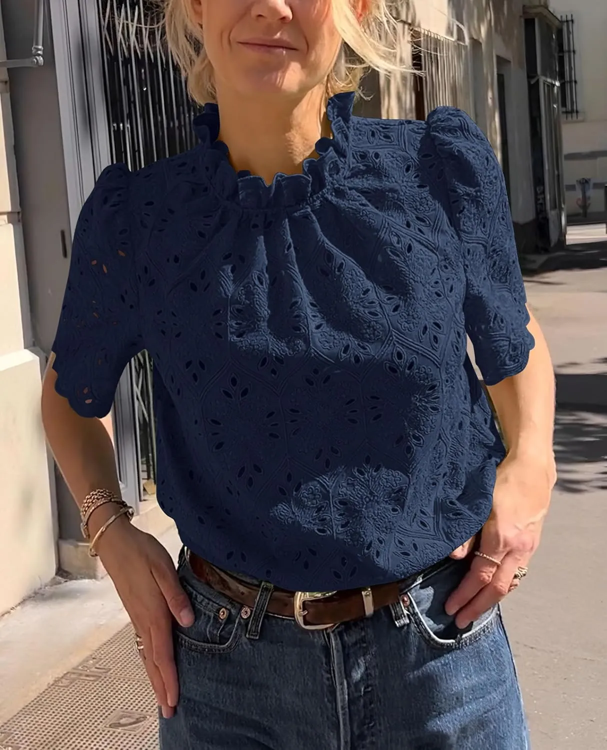 Short Sleeve Eyelet Embroidered Dressy Casual Blouse