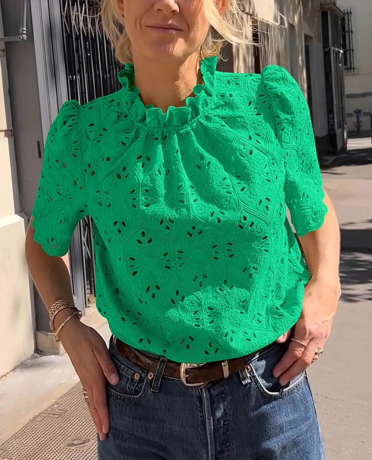 Short Sleeve Eyelet Embroidered Dressy Casual Blouse