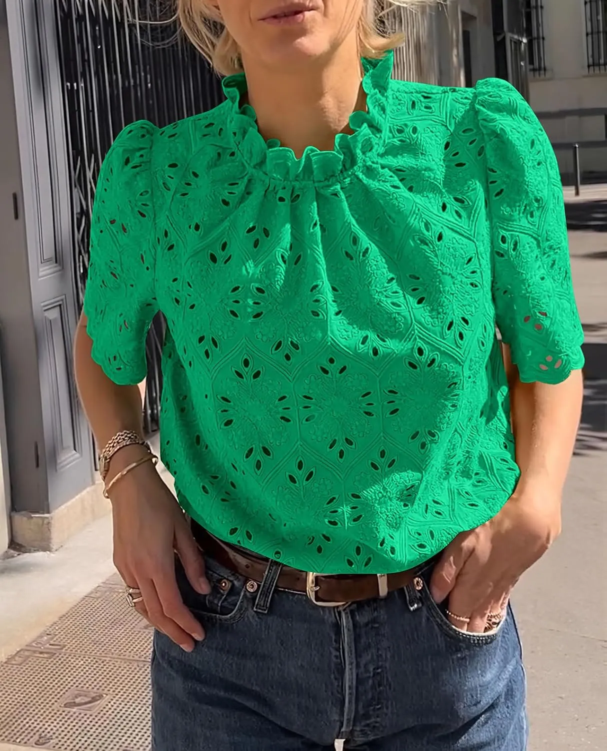 Short Sleeve Eyelet Embroidered Dressy Casual Blouse