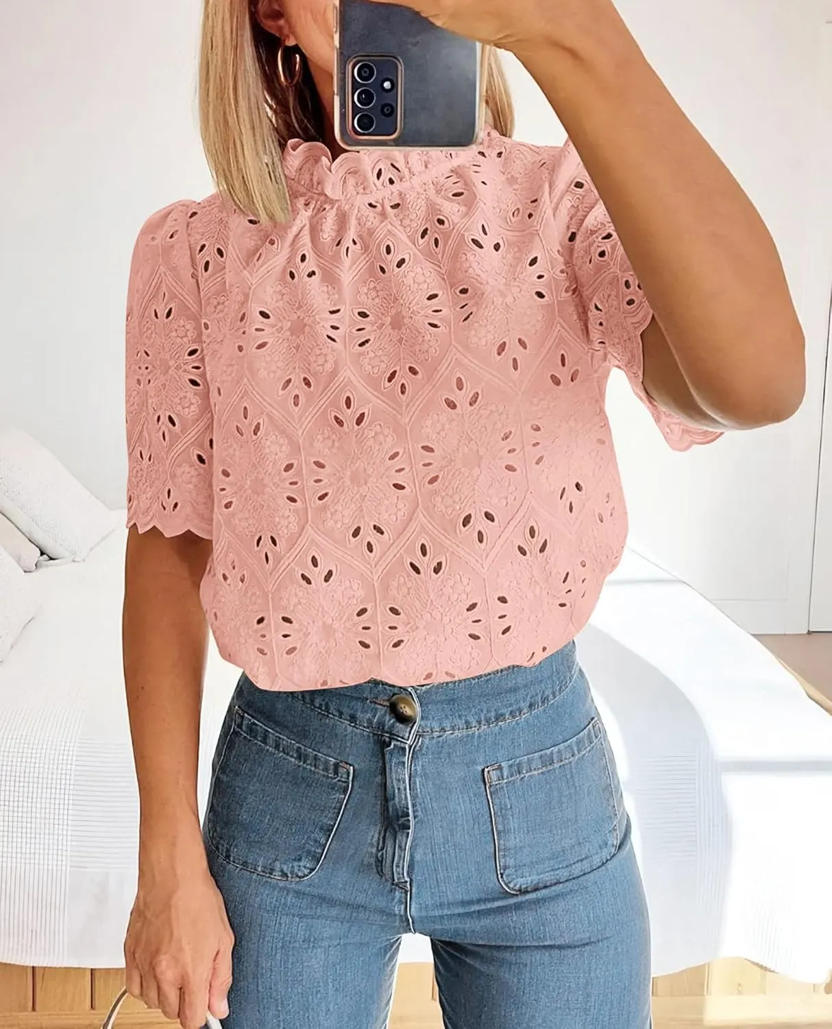 Short Sleeve Eyelet Embroidered Dressy Casual Blouse