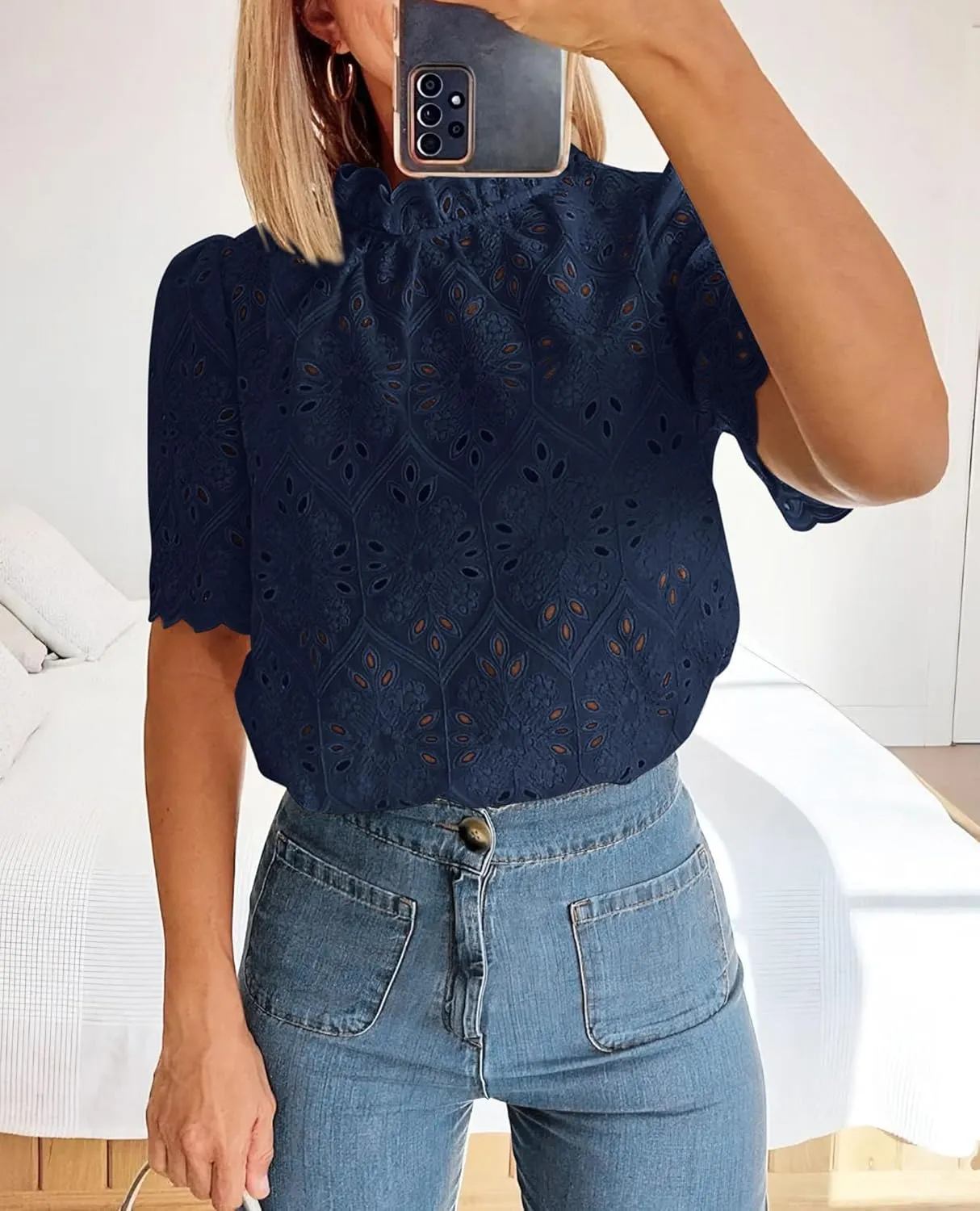 Short Sleeve Eyelet Embroidered Dressy Casual Blouse