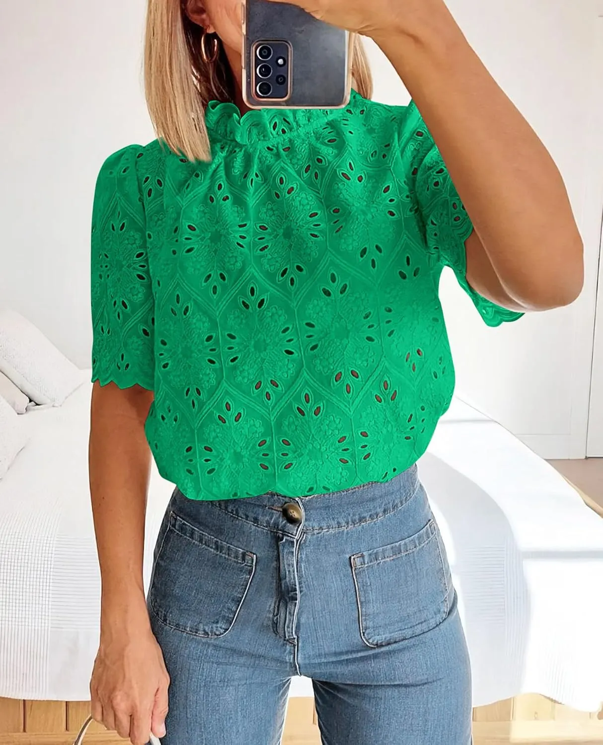 Short Sleeve Eyelet Embroidered Dressy Casual Blouse