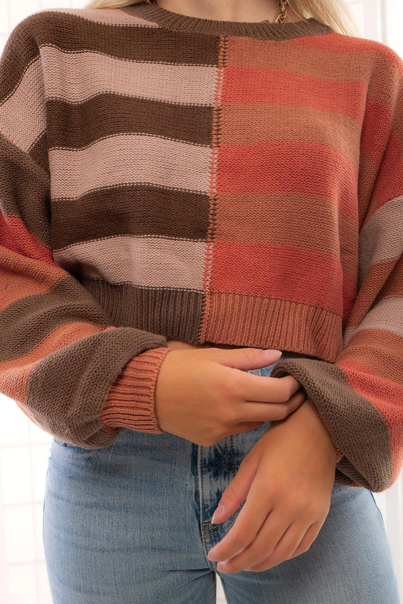 Terracotta Long Sleeve Color Block Striped Sweater