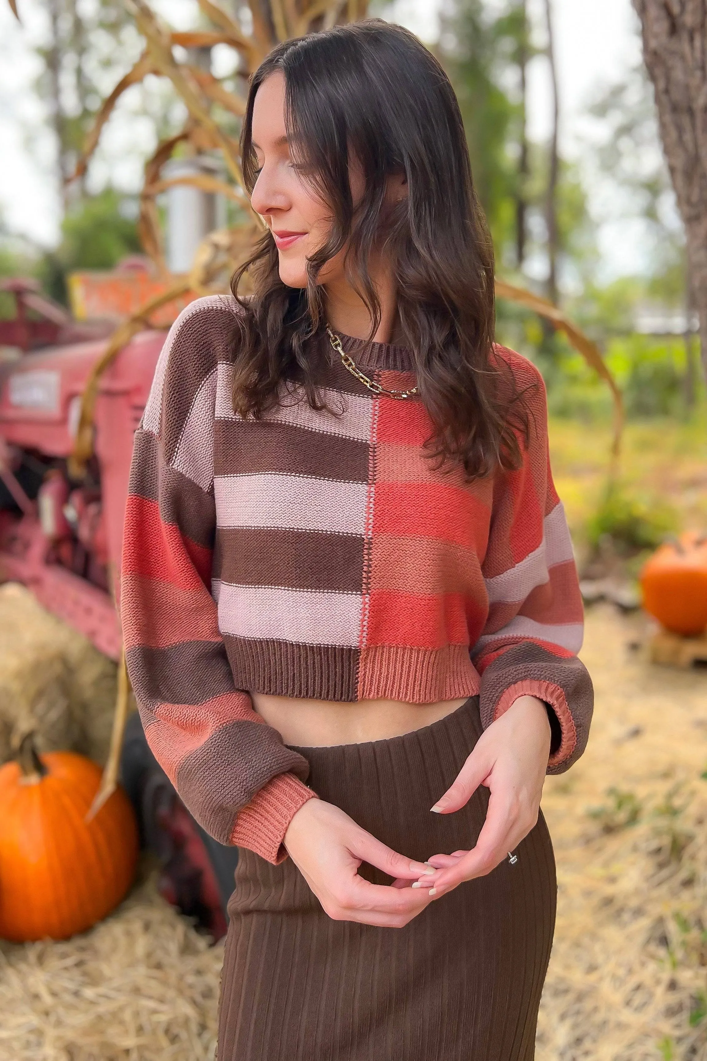 Terracotta Long Sleeve Color Block Striped Sweater